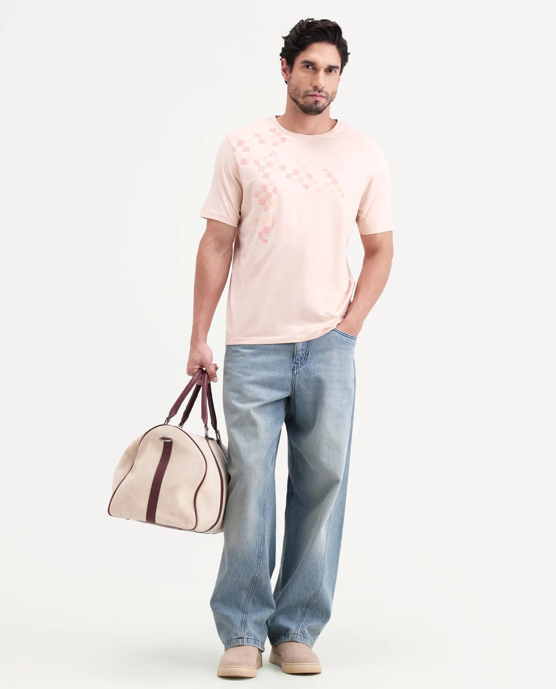 Rare Rabbit Men's Ary Pastel Peach Cotton Blend Fabric Half Sleeve Crew Neck Regular Fit Graphic Print T-Shirt