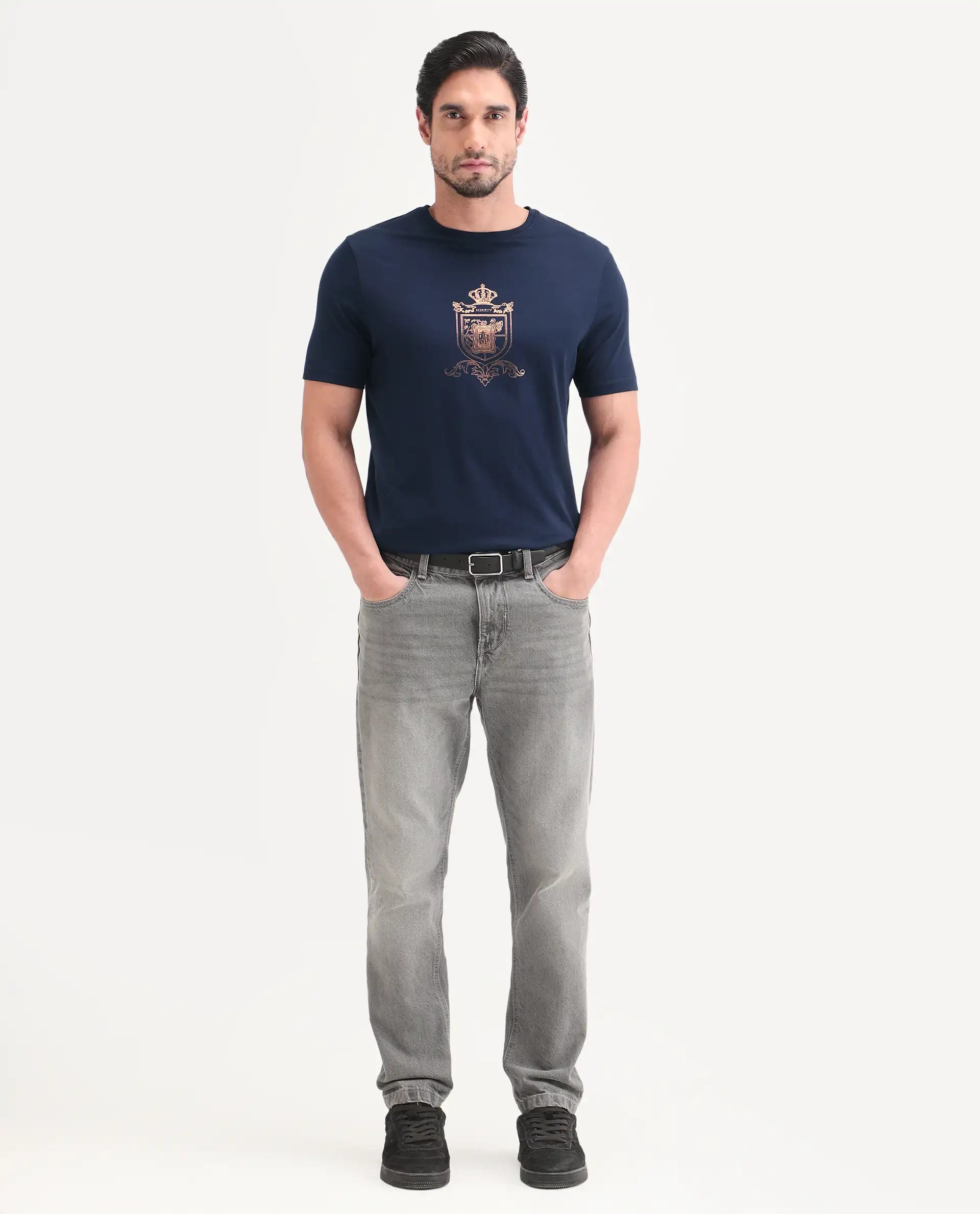 Rare Rabbit Men's Asty Navy Cotton Fabric Half Sleeve Crew Neck Regular Fit Graphic Print T-Shirt