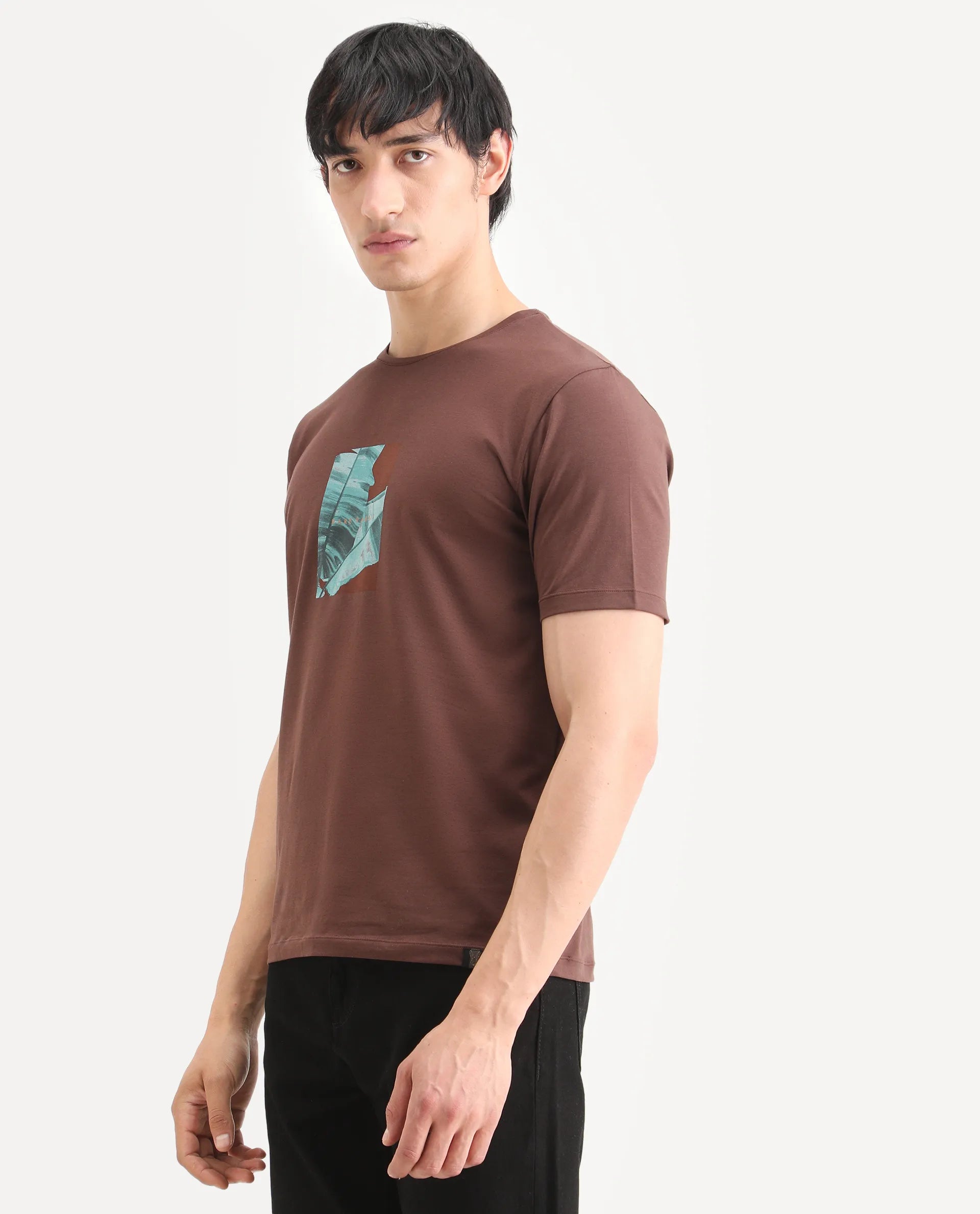 Rare Rabbit Men's Banna Dark Brown Cotton Blend Fabric Half Sleeve Crew Neck Regular Fit Graphic Print T-Shirt