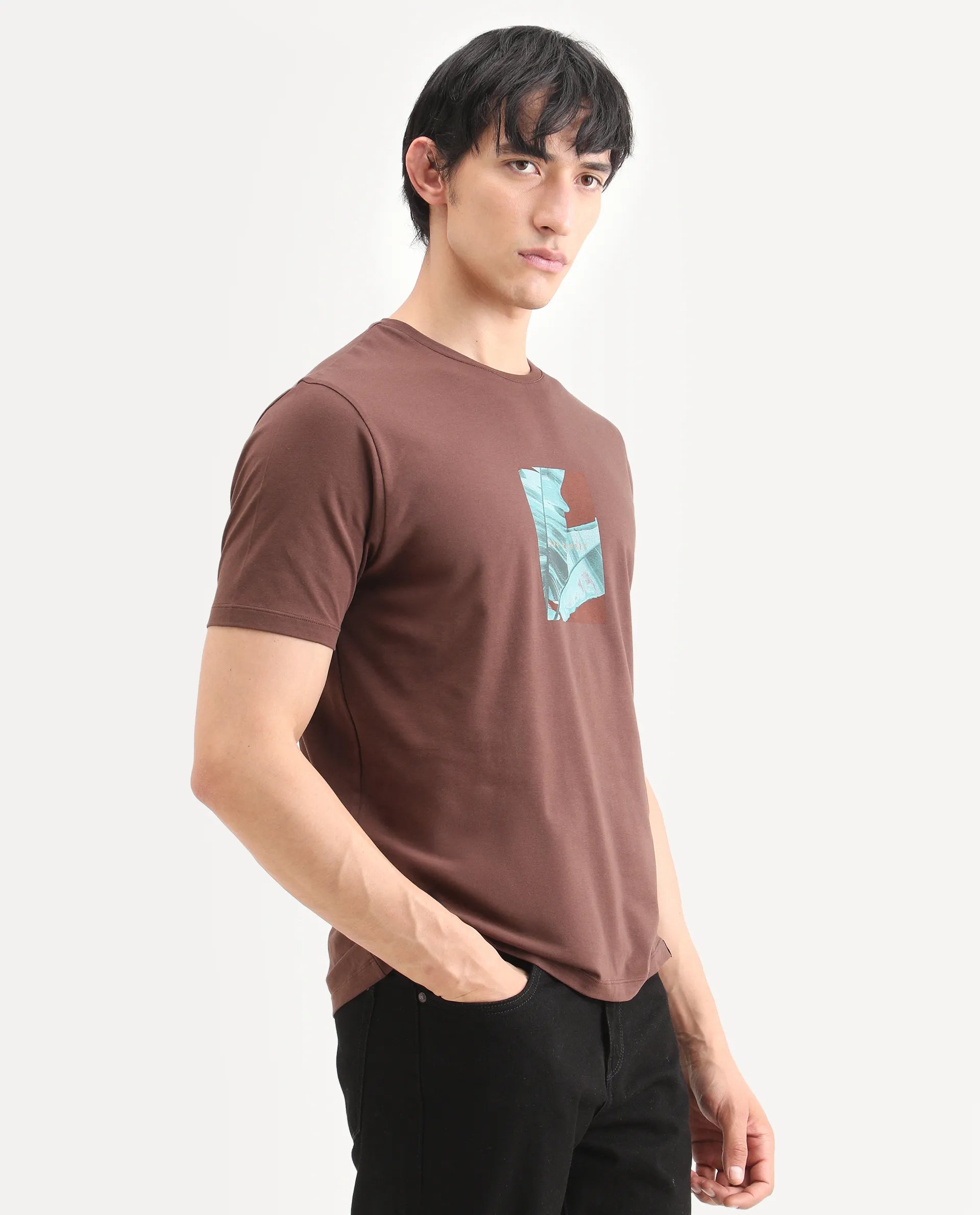 Rare Rabbit Men's Banna Dark Brown Cotton Blend Fabric Half Sleeve Crew Neck Regular Fit Graphic Print T-Shirt