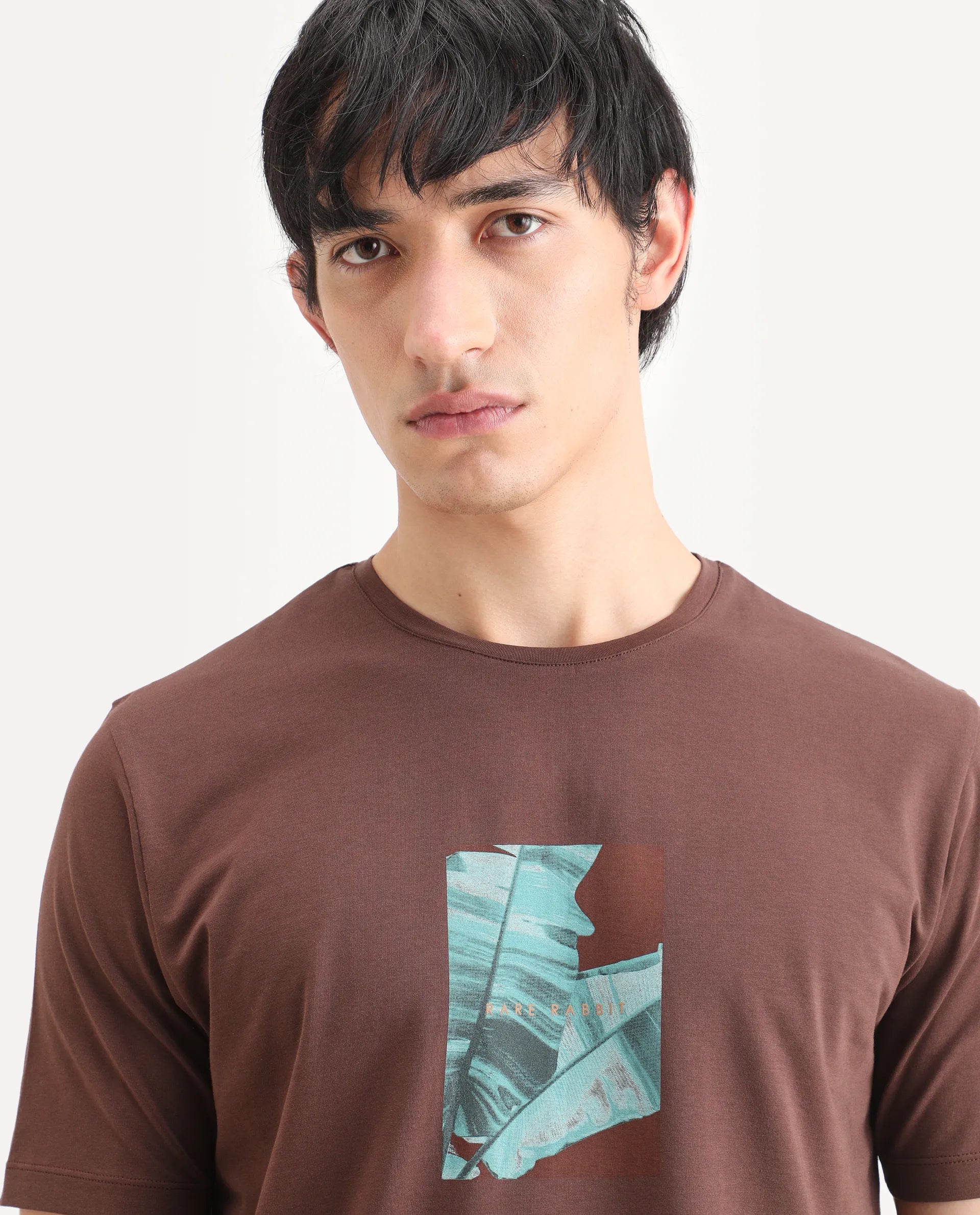 Rare Rabbit Men's Banna Dark Brown Cotton Blend Fabric Half Sleeve Crew Neck Regular Fit Graphic Print T-Shirt
