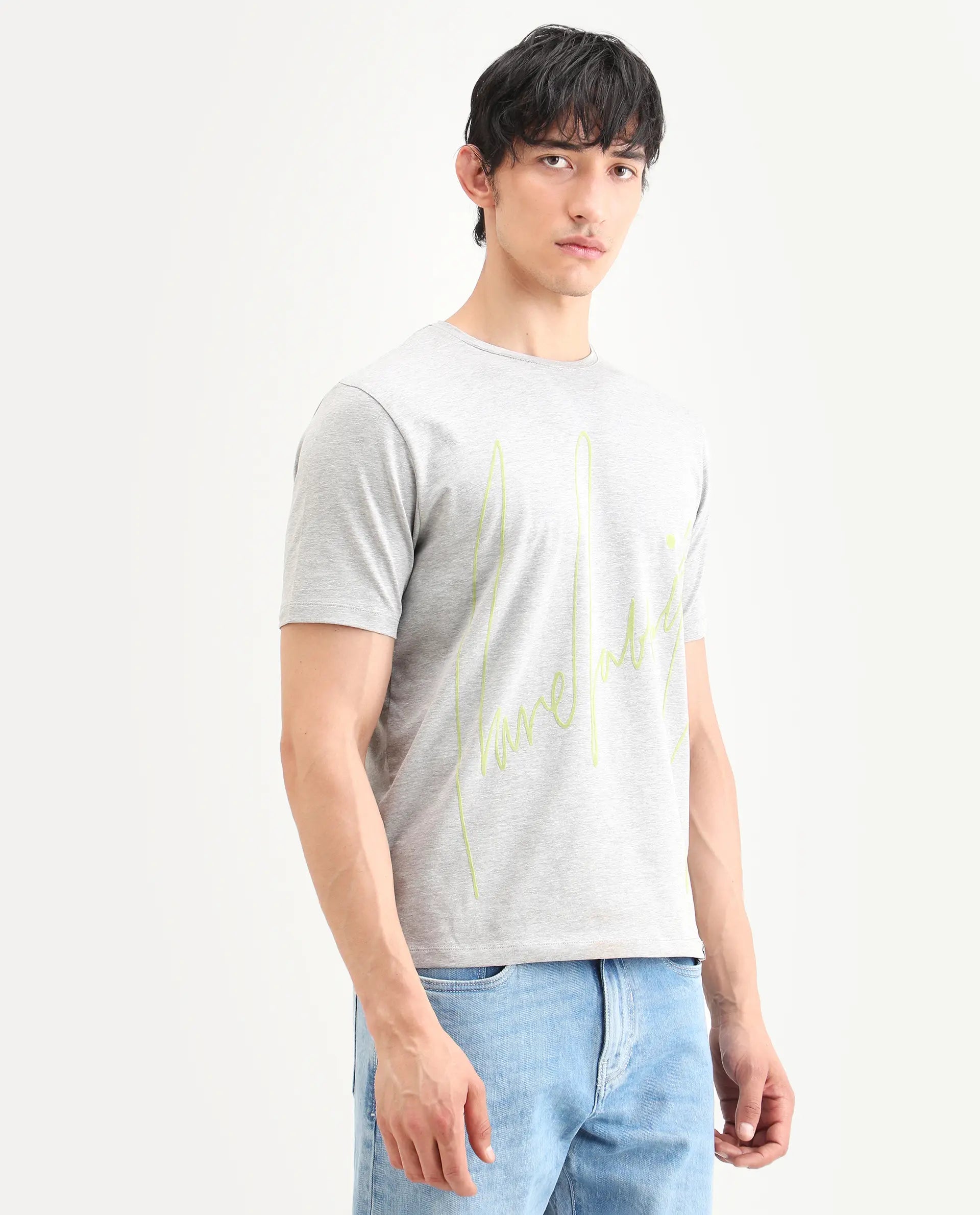 Rare Rabbit Men's Berg-S26 Melange Grey Cotton Blend Fabric Half Sleeve Crew Neck Regular Fit Printed T-Shirt