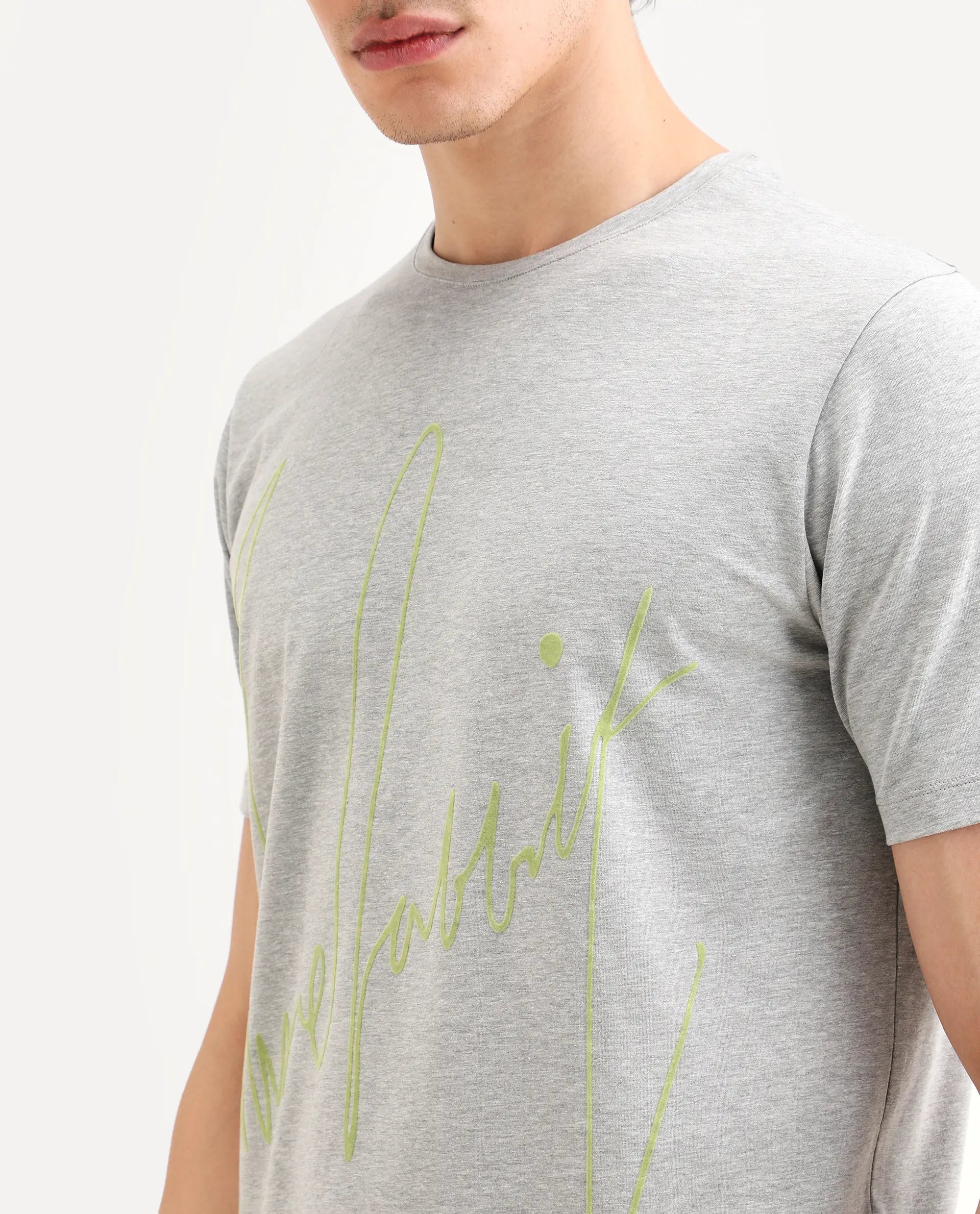 Rare Rabbit Men's Berg-S26 Melange Grey Cotton Blend Fabric Half Sleeve Crew Neck Regular Fit Printed T-Shirt