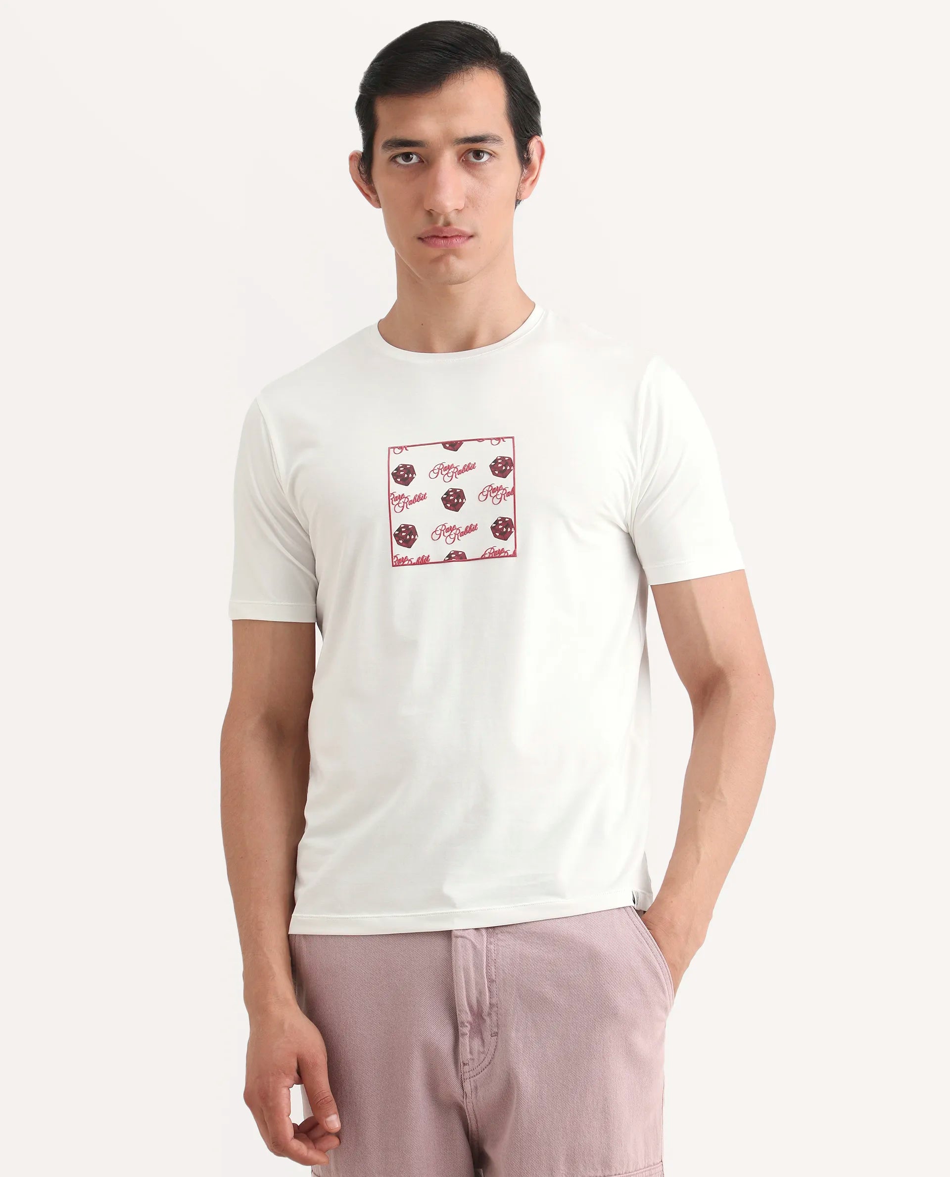 Rare Rabbit Men's Bette Off White Cotton Blend Fabric Half Sleeve Crew Neck Regular Fit Graphic Print T-Shirt