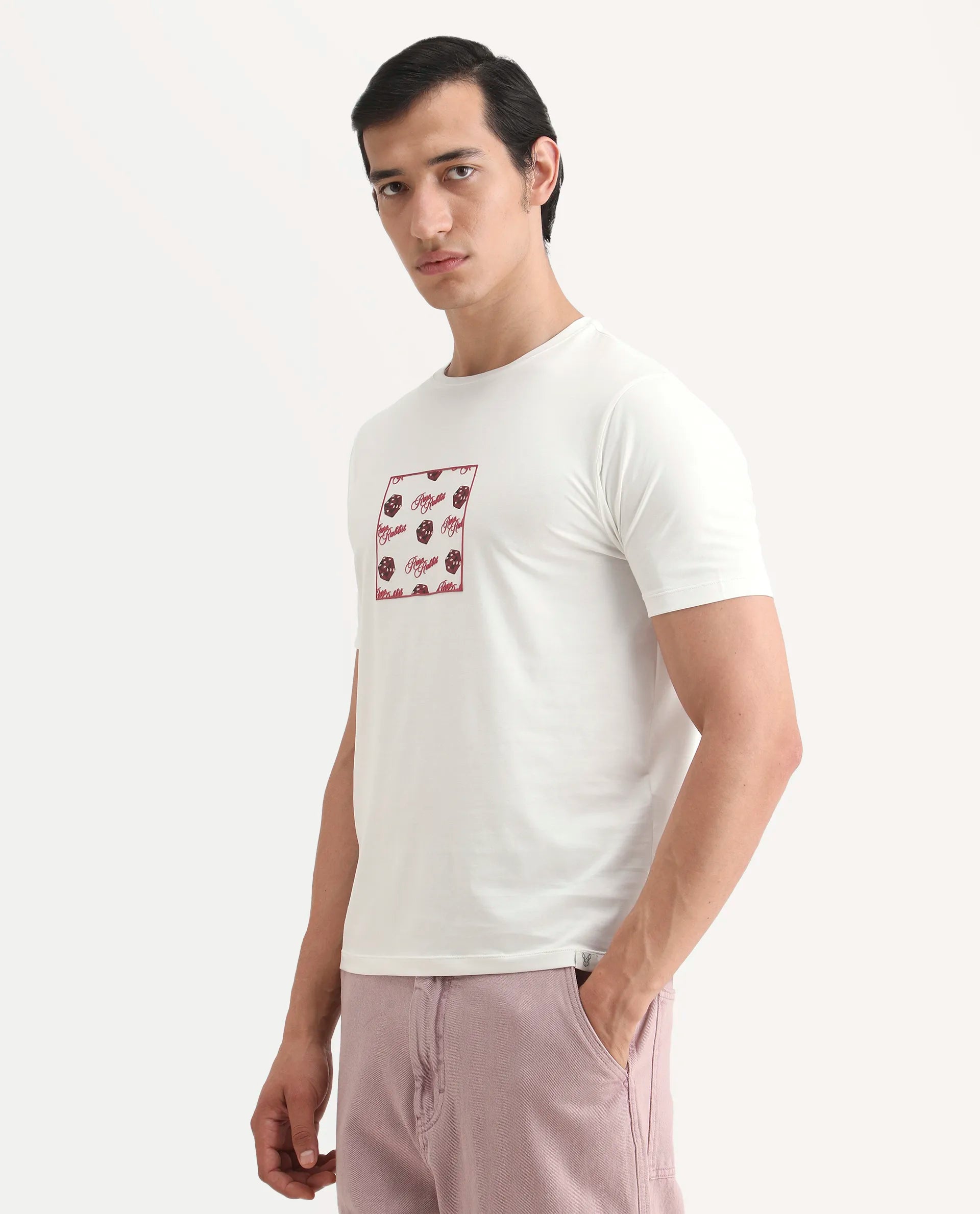 Rare Rabbit Men's Bette Off White Cotton Blend Fabric Half Sleeve Crew Neck Regular Fit Graphic Print T-Shirt