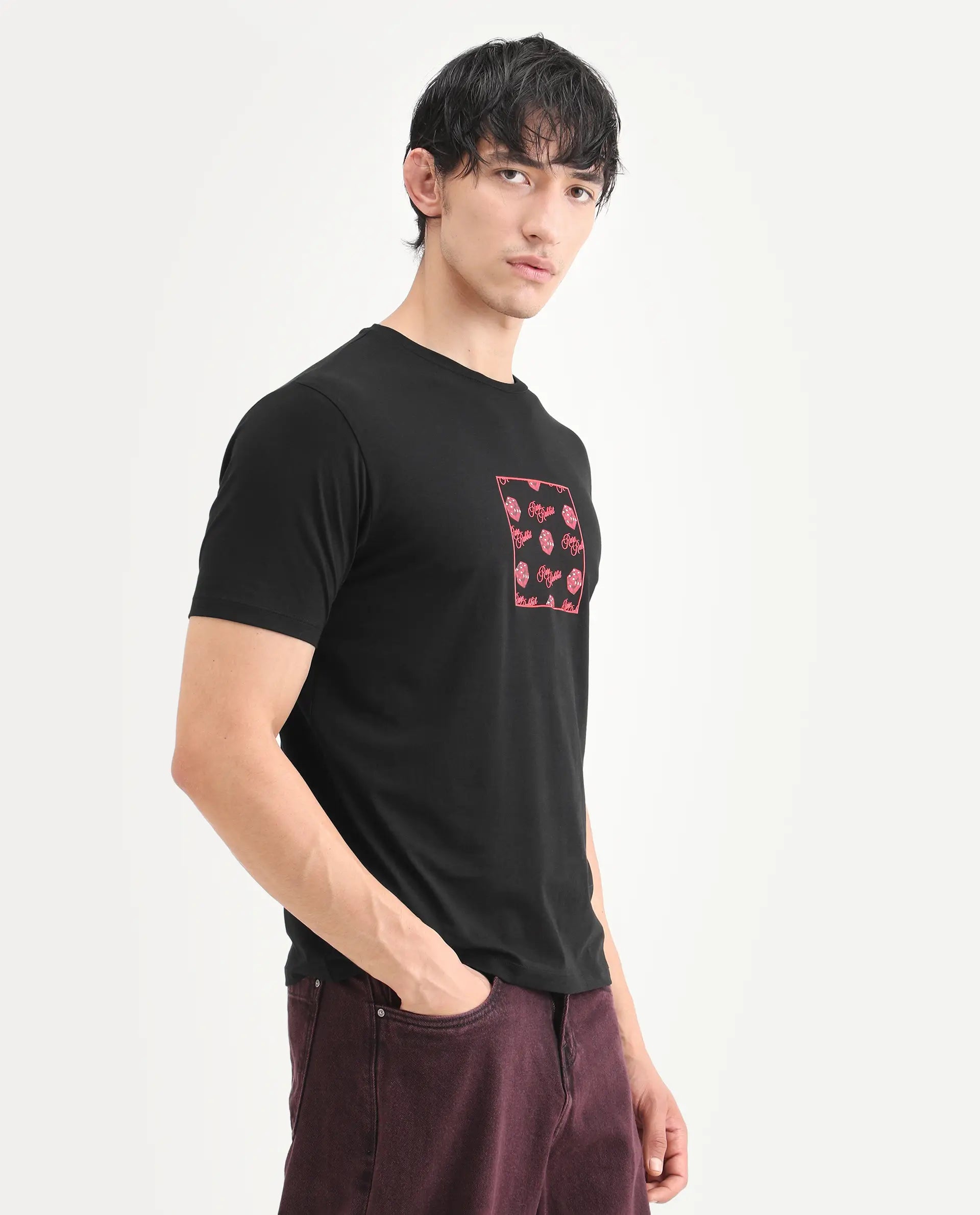 Rare Rabbit Men's Bette Black Cotton Blend Fabric Half Sleeve Crew Neck Regular Fit Graphic Print T-Shirt