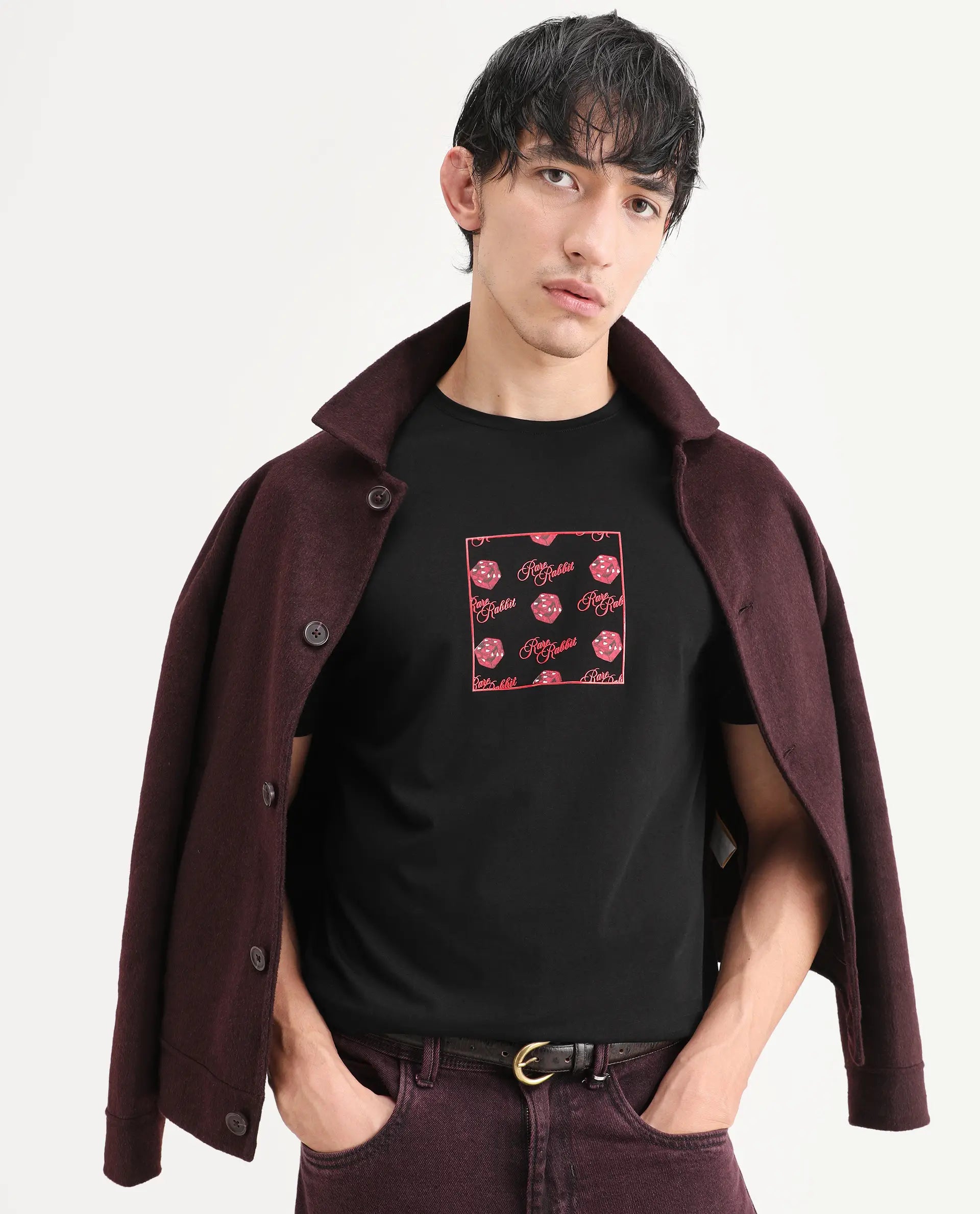 Rare Rabbit Men's Bette Black Cotton Blend Fabric Half Sleeve Crew Neck Regular Fit Graphic Print T-Shirt