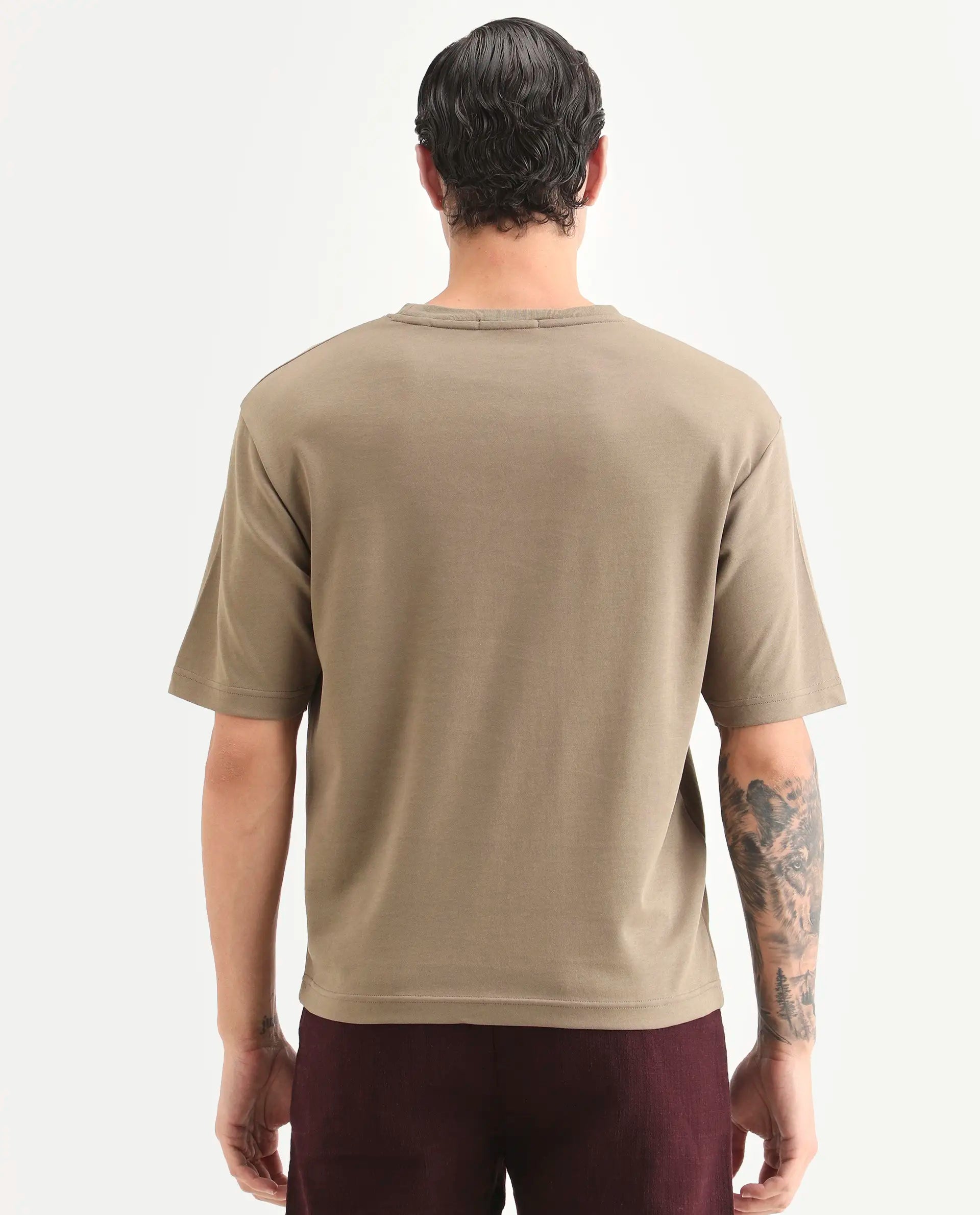 Rare Rabbit Men's Blend Light Olive Cotton Blend Fabric Half Sleeve Crew Neck Oversize Graphic Print T-Shirt