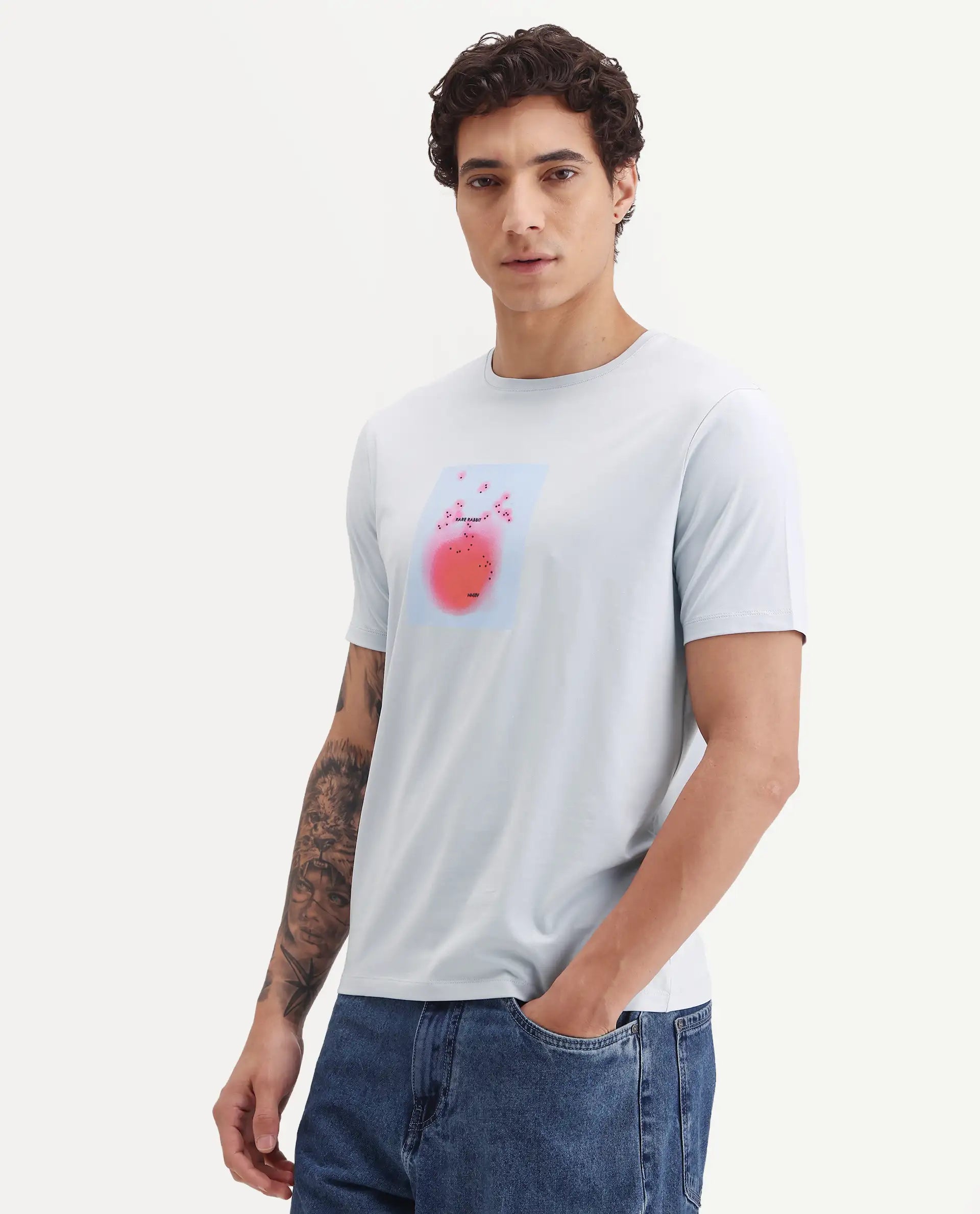 Rare Rabbit Men's Buv Light Blue Cotton Blend Fabric Half Sleeve Crew Neck Regular Fit Graphic Print T-Shirt