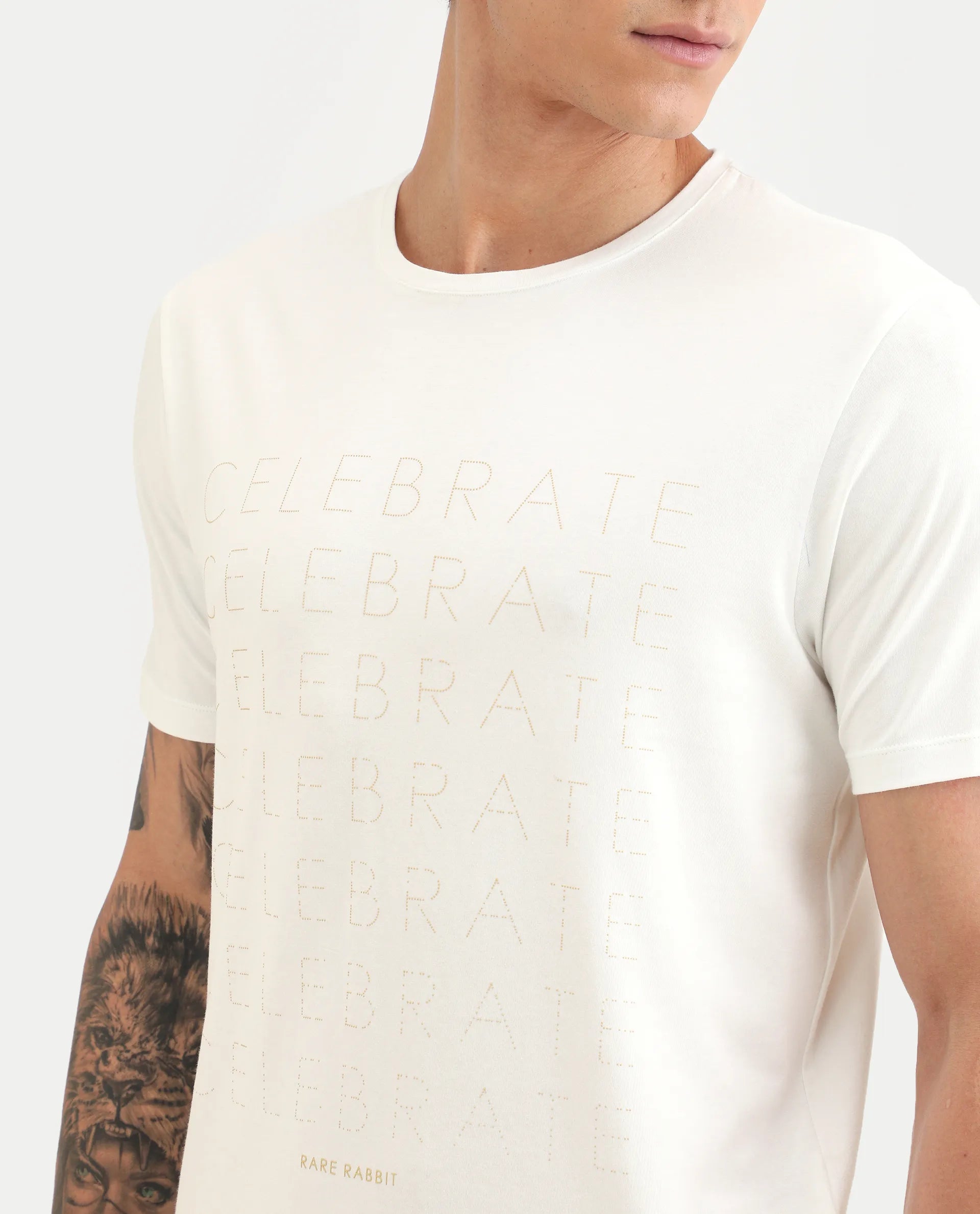 Rare Rabbit Men's Celebrate-S26 White Cotton Blend Fabric Half Sleeve Crew Neck Regular Fit Graphic Print T-Shirt
