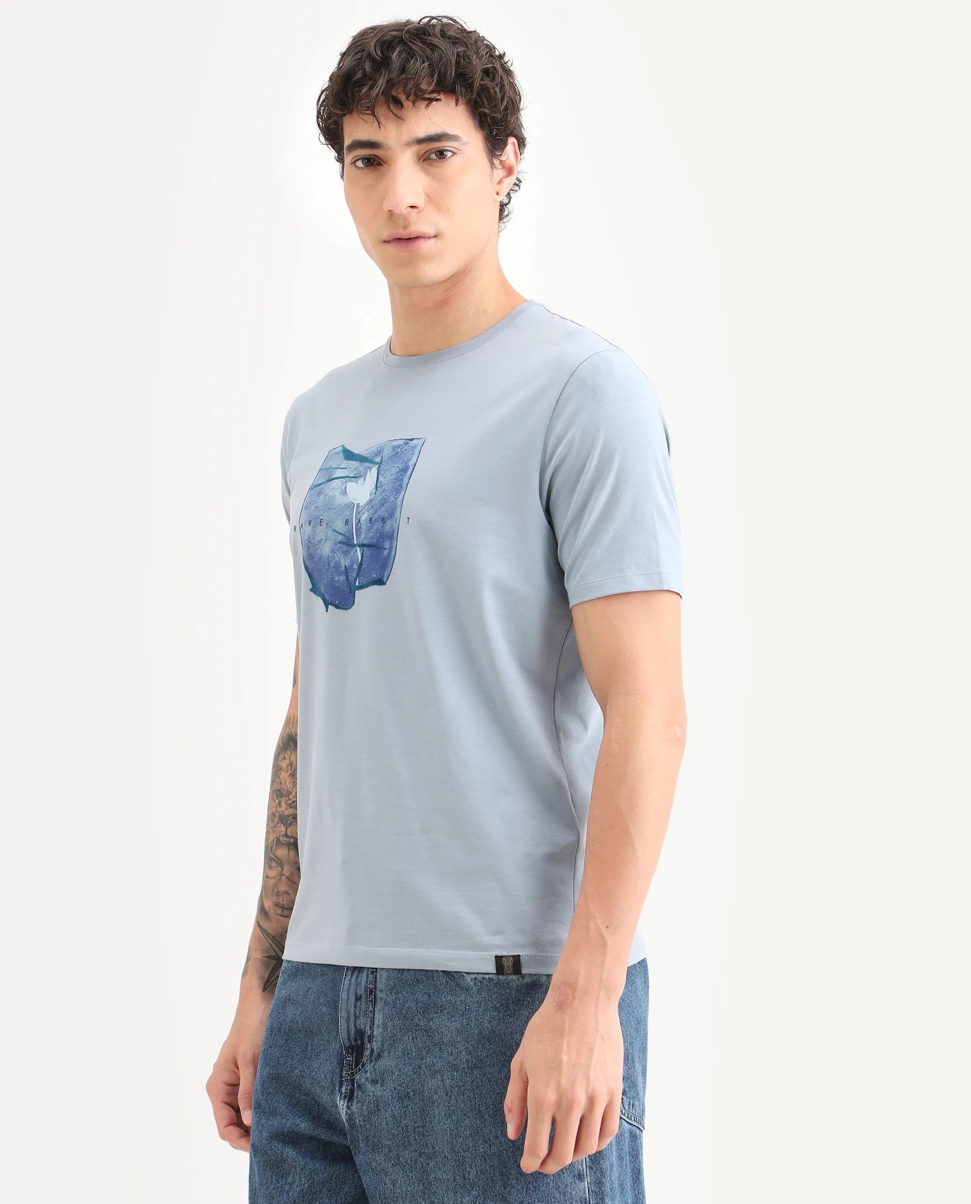 Rare Rabbit Men's Cyro Dusky Blue Cotton Blend Fabric Half Sleeve Crew Neck Regular Fit Graphic Print T-Shirt
