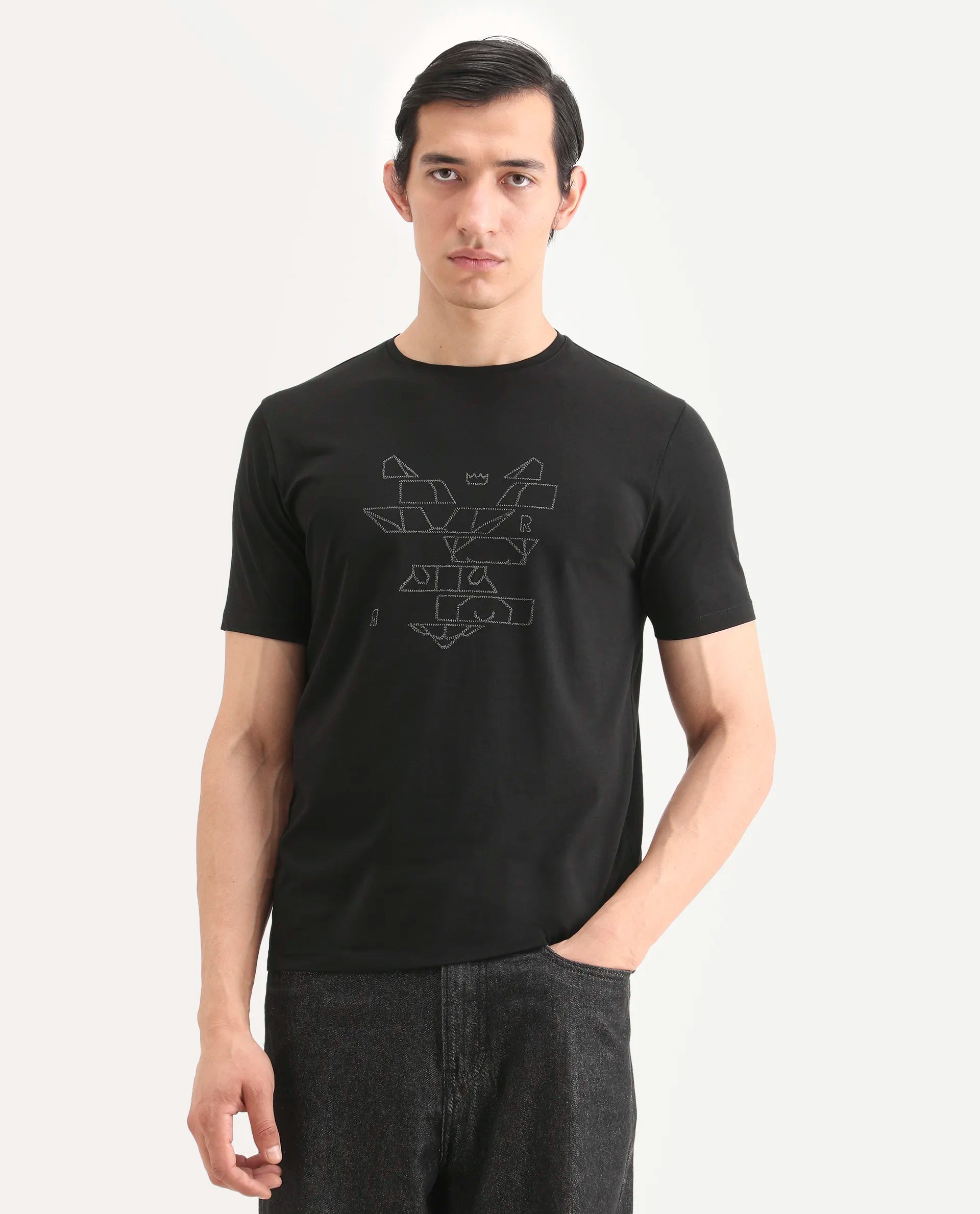 Rare Rabbit Men's Ery Black Cotton Blend Fabric Half Sleeve Crew Neck Regular Fit Puff Print T-Shirt