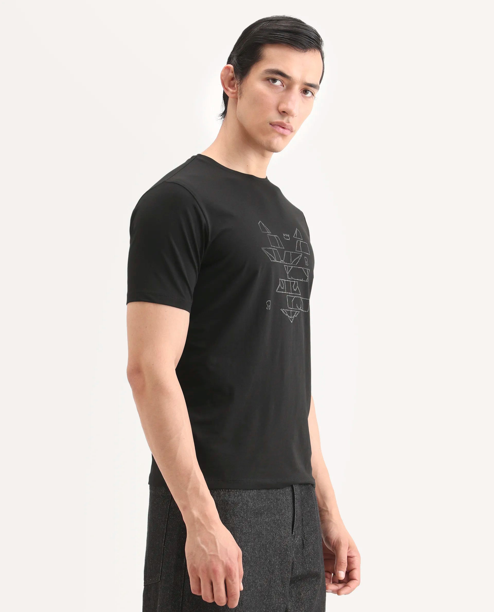 Rare Rabbit Men's Ery Black Cotton Blend Fabric Half Sleeve Crew Neck Regular Fit Puff Print T-Shirt