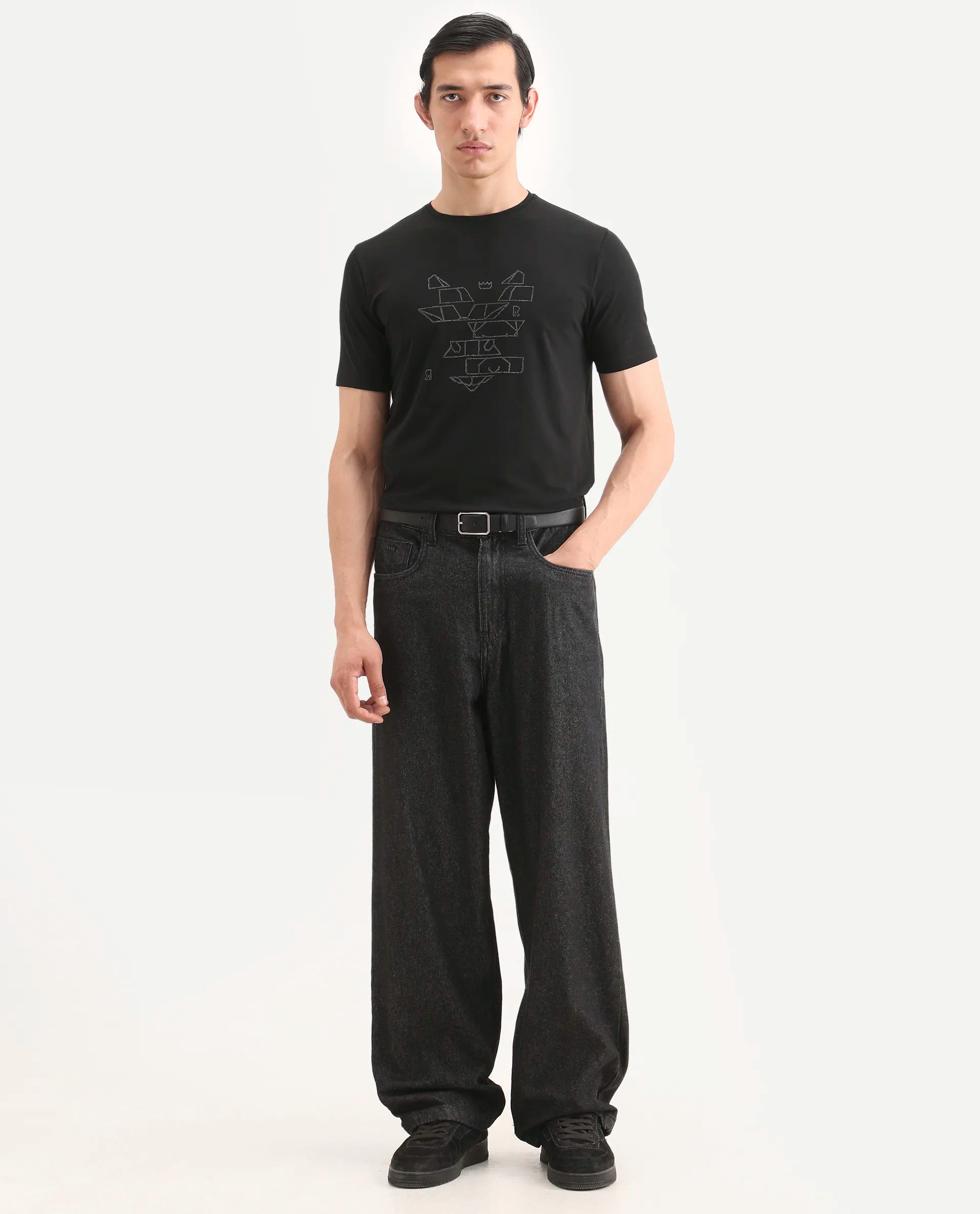 Rare Rabbit Men's Ery Black Cotton Blend Fabric Half Sleeve Crew Neck Regular Fit Puff Print T-Shirt