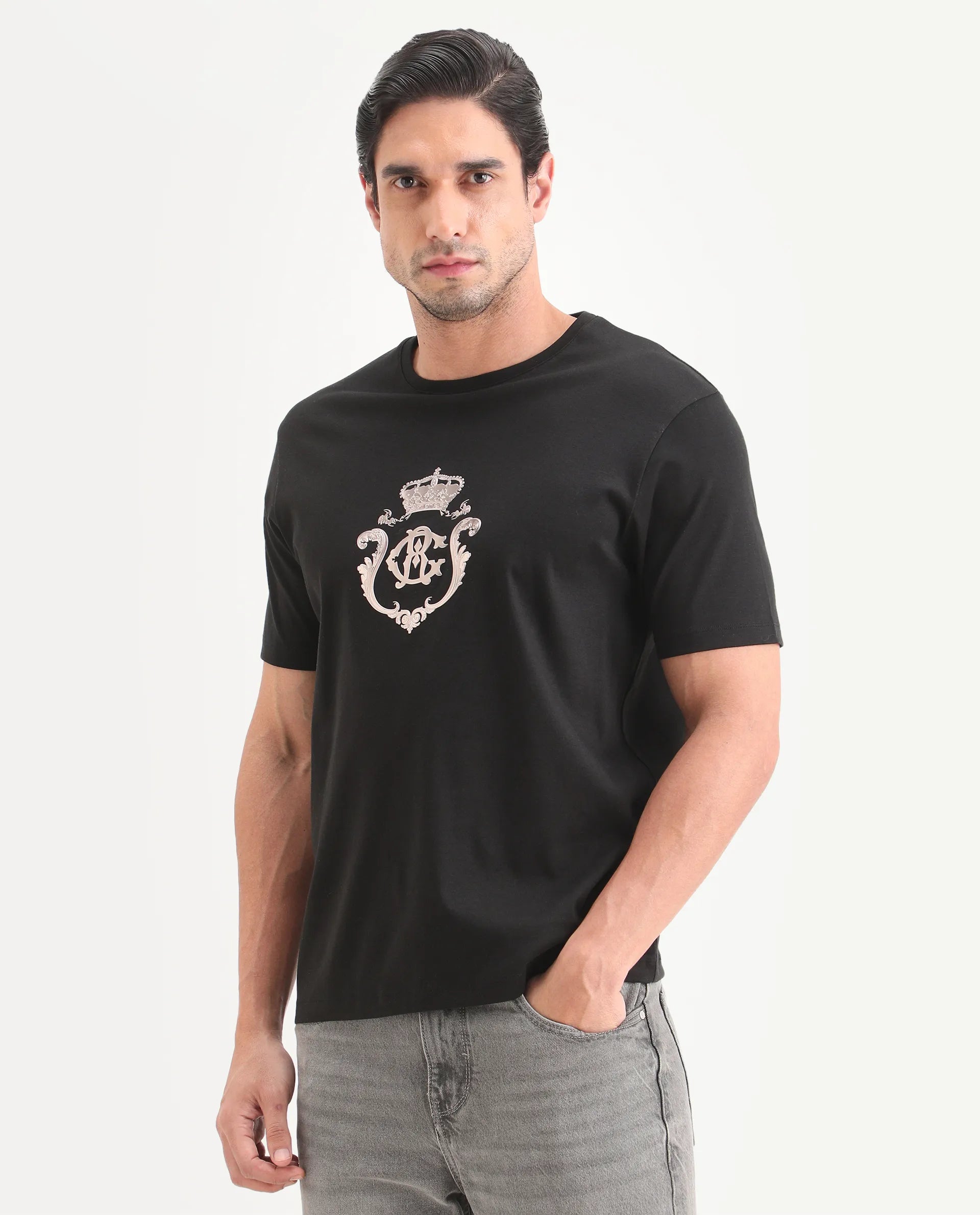 Rare Rabbit Men's Fein Black Cotton Fabric Half Sleeve Crew Neck Regular Fit Graphic Print T-Shirt
