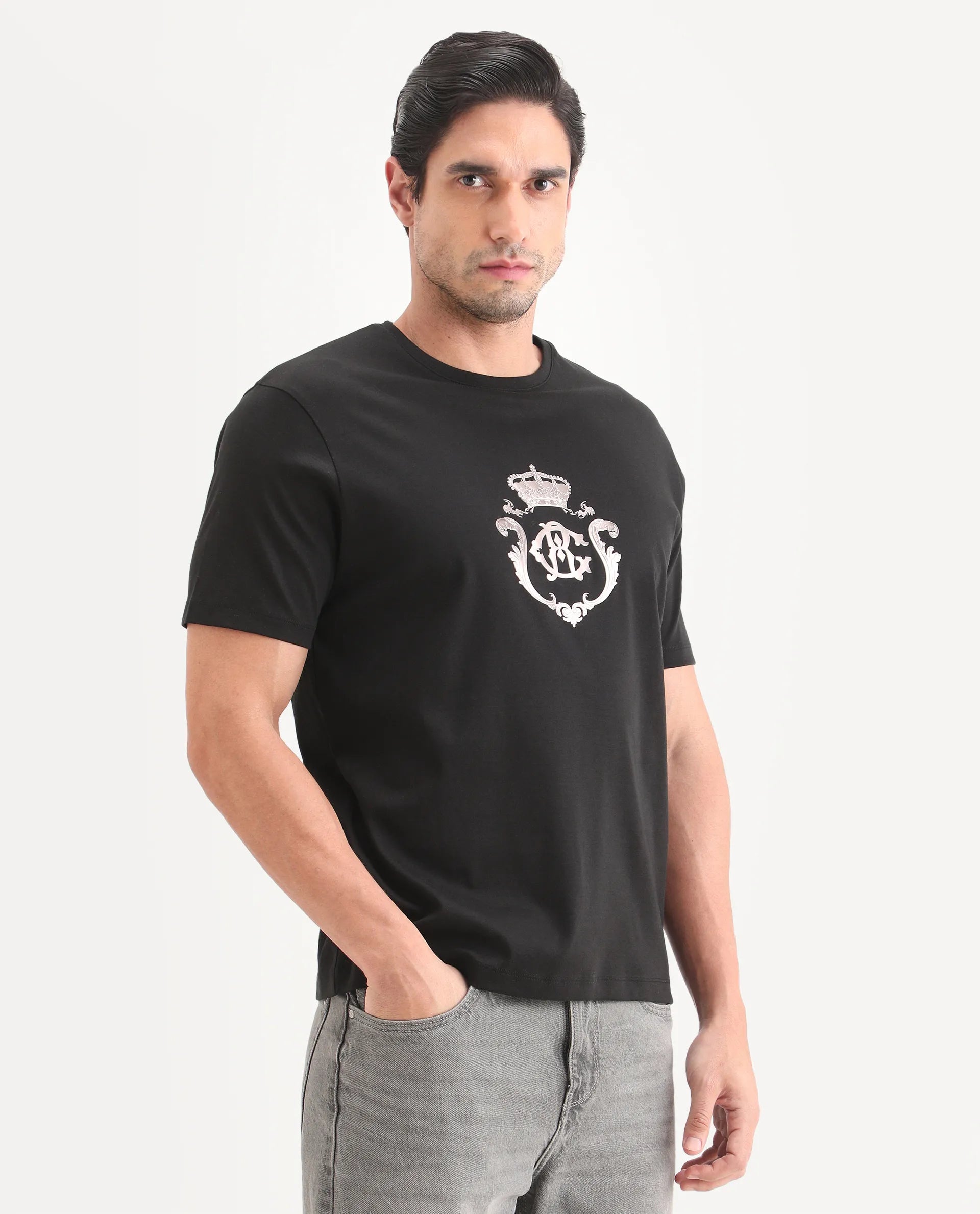 Rare Rabbit Men's Fein Black Cotton Fabric Half Sleeve Crew Neck Regular Fit Graphic Print T-Shirt