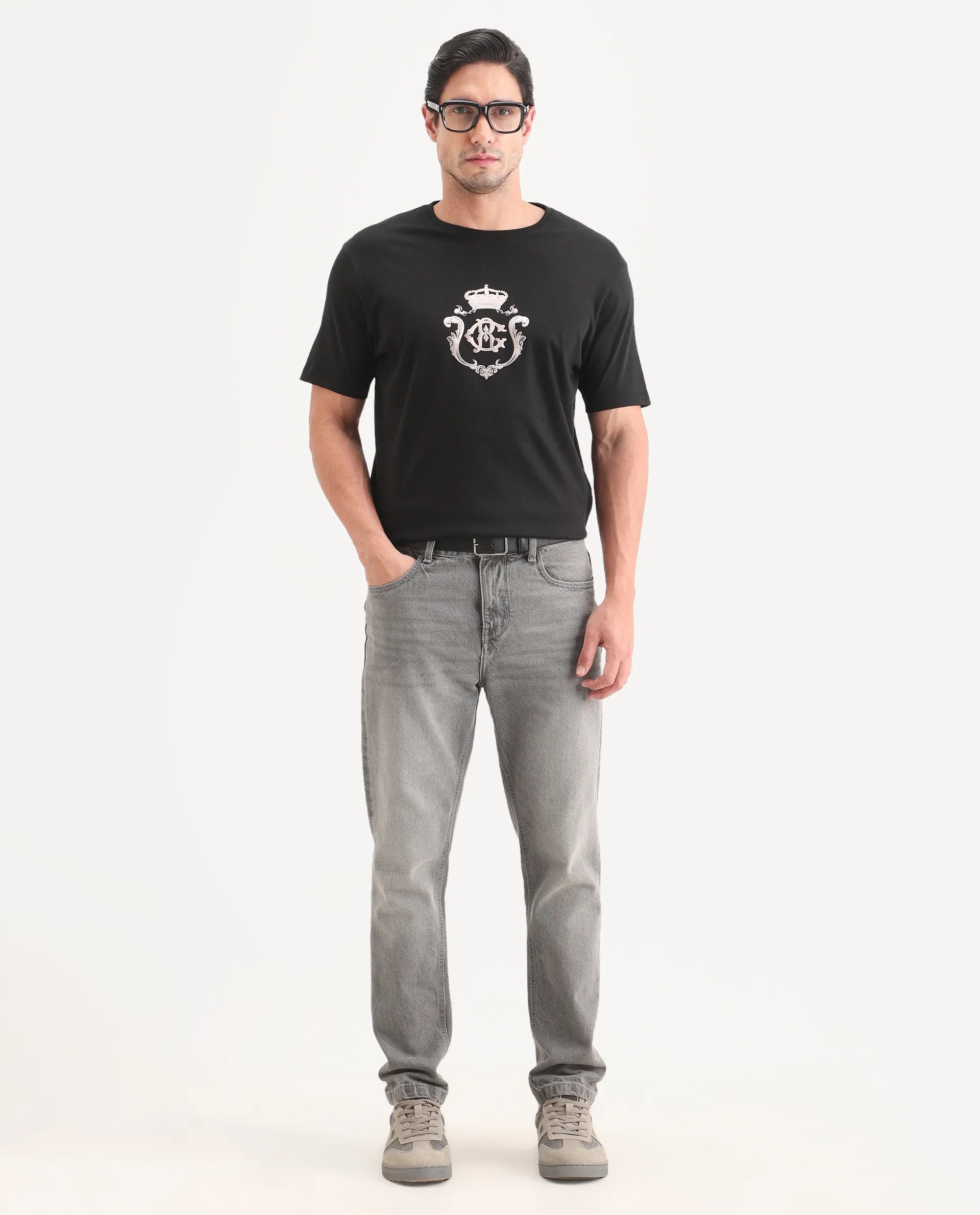 Rare Rabbit Men's Fein Black Cotton Fabric Half Sleeve Crew Neck Regular Fit Graphic Print T-Shirt