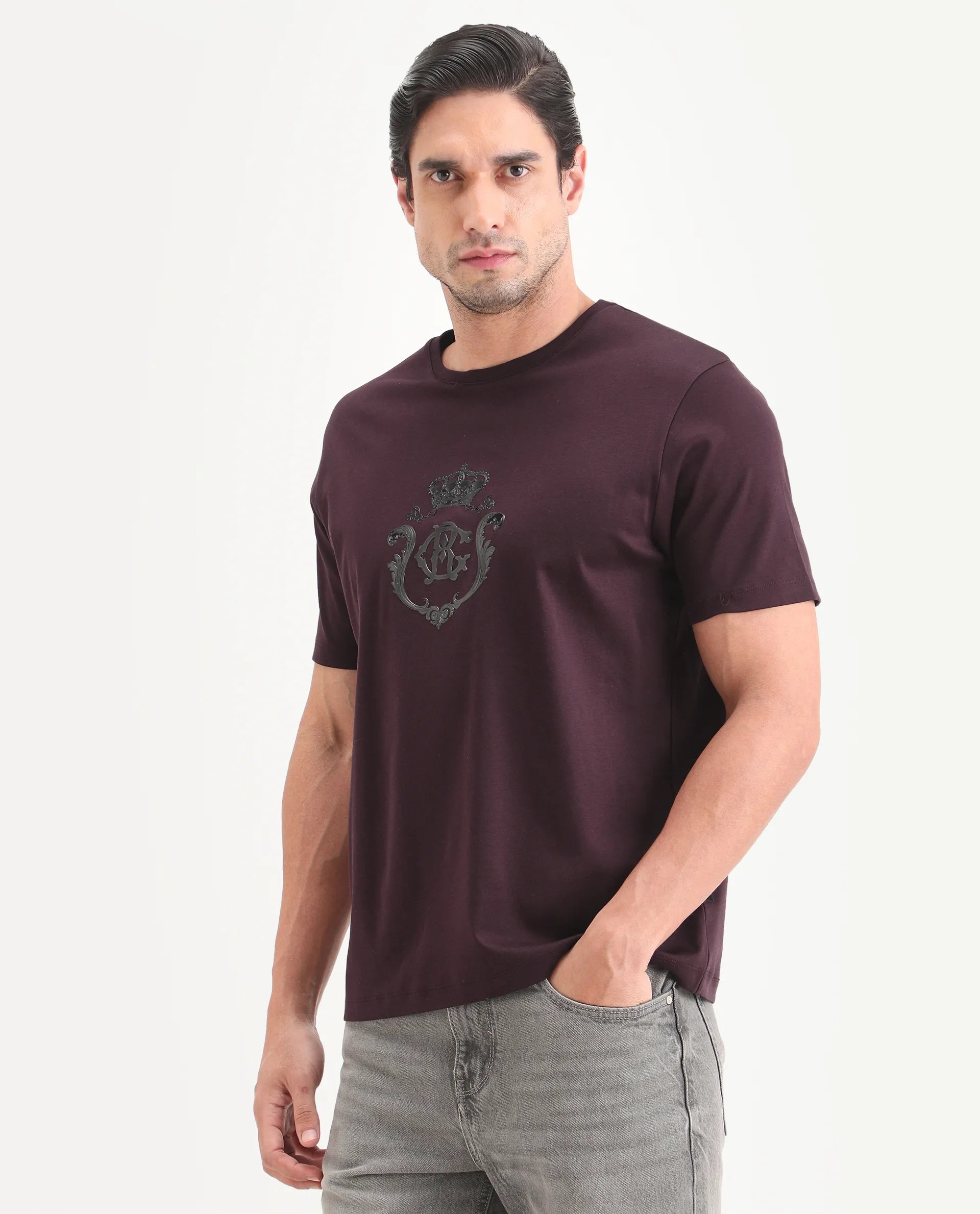 Rare Rabbit Men's Fein Maroon Cotton Fabric Half Sleeve Crew Neck Regular Fit Graphic Print T-Shirt