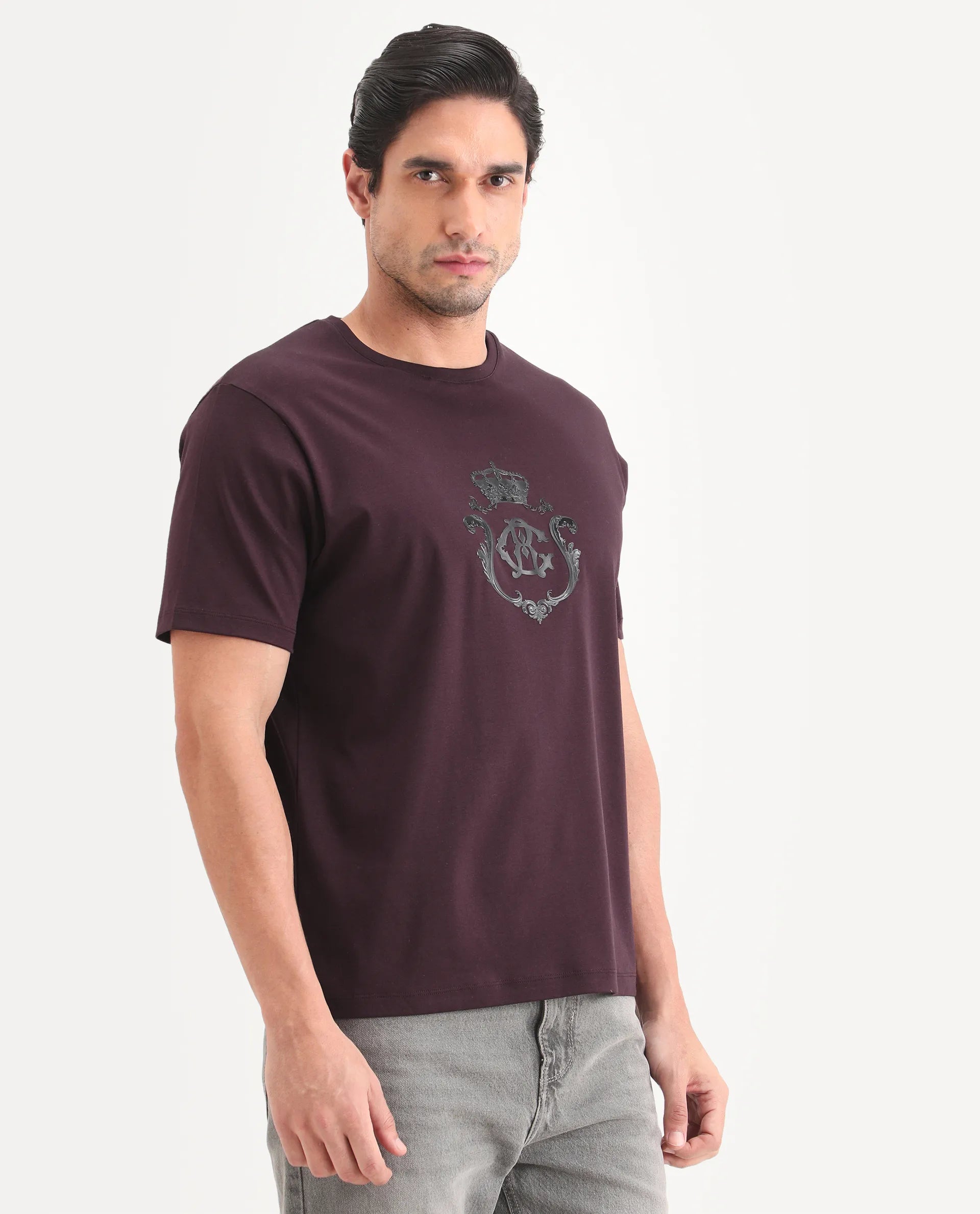 Rare Rabbit Men's Fein Maroon Cotton Fabric Half Sleeve Crew Neck Regular Fit Graphic Print T-Shirt