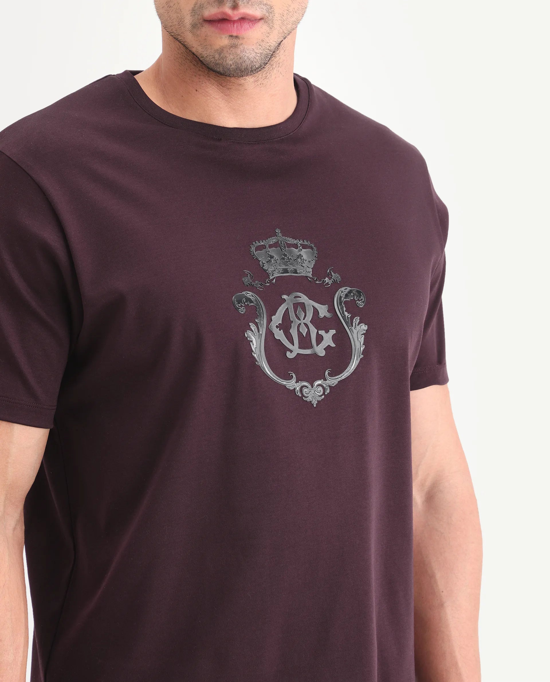 Rare Rabbit Men's Fein Maroon Cotton Fabric Half Sleeve Crew Neck Regular Fit Graphic Print T-Shirt