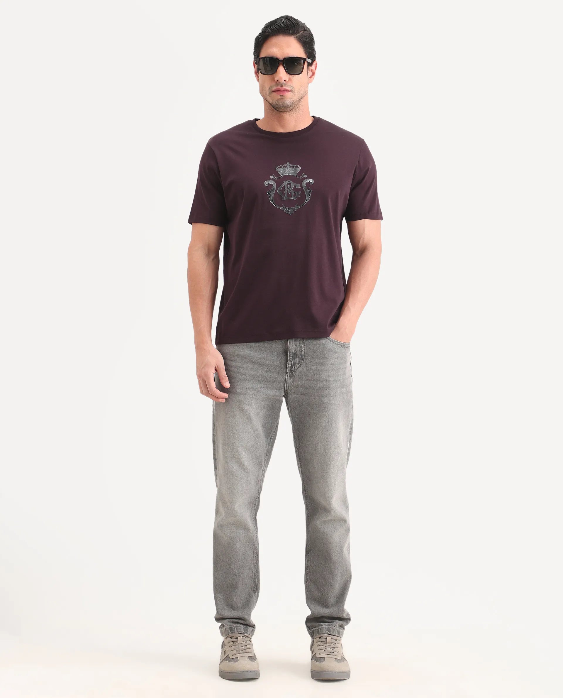 Rare Rabbit Men's Fein Maroon Cotton Fabric Half Sleeve Crew Neck Regular Fit Graphic Print T-Shirt