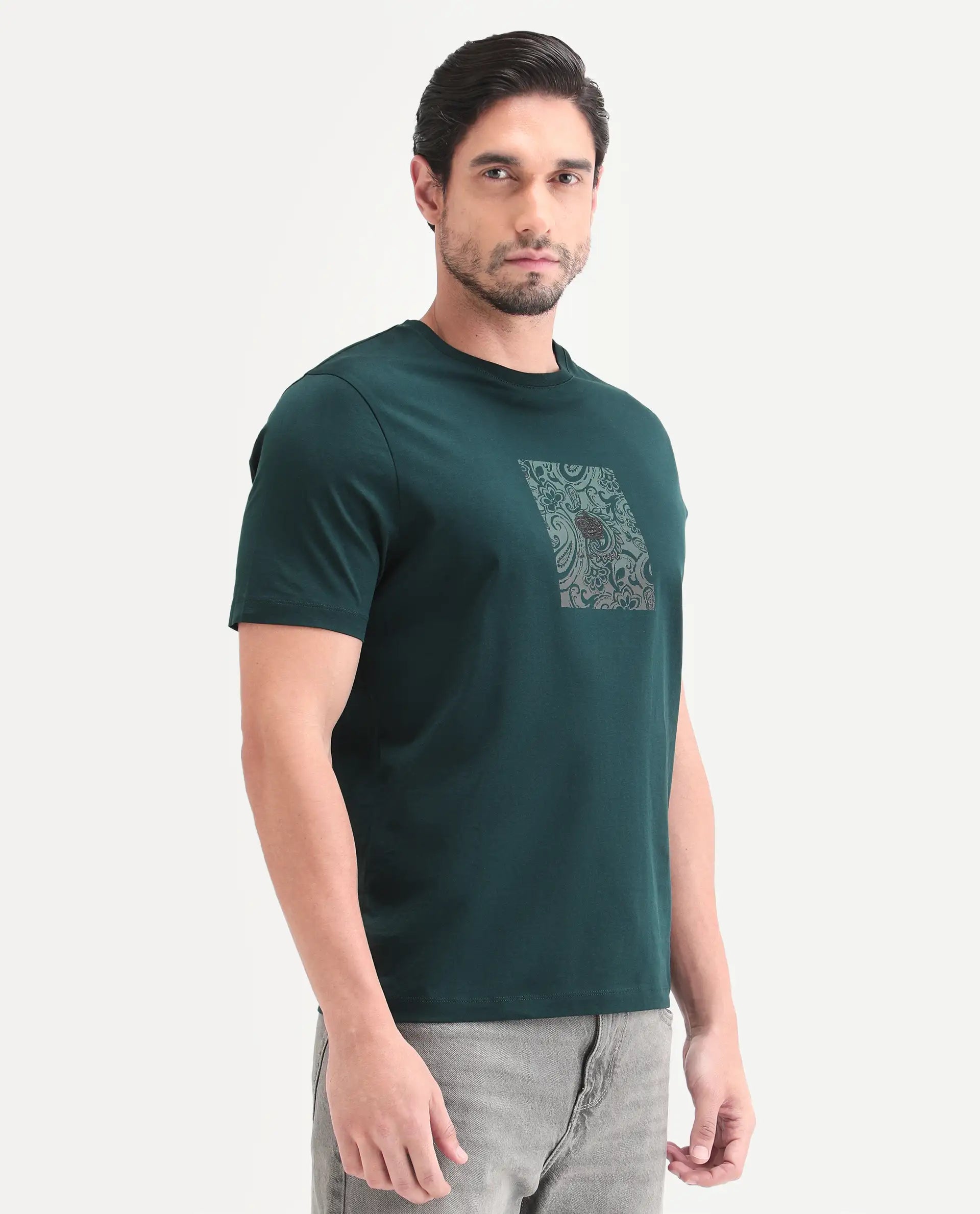Rare Rabbit Men's Fiol Dark Green Cotton Fabric Half Sleeve Crew Neck Regular Fit Graphic Print T-Shirt