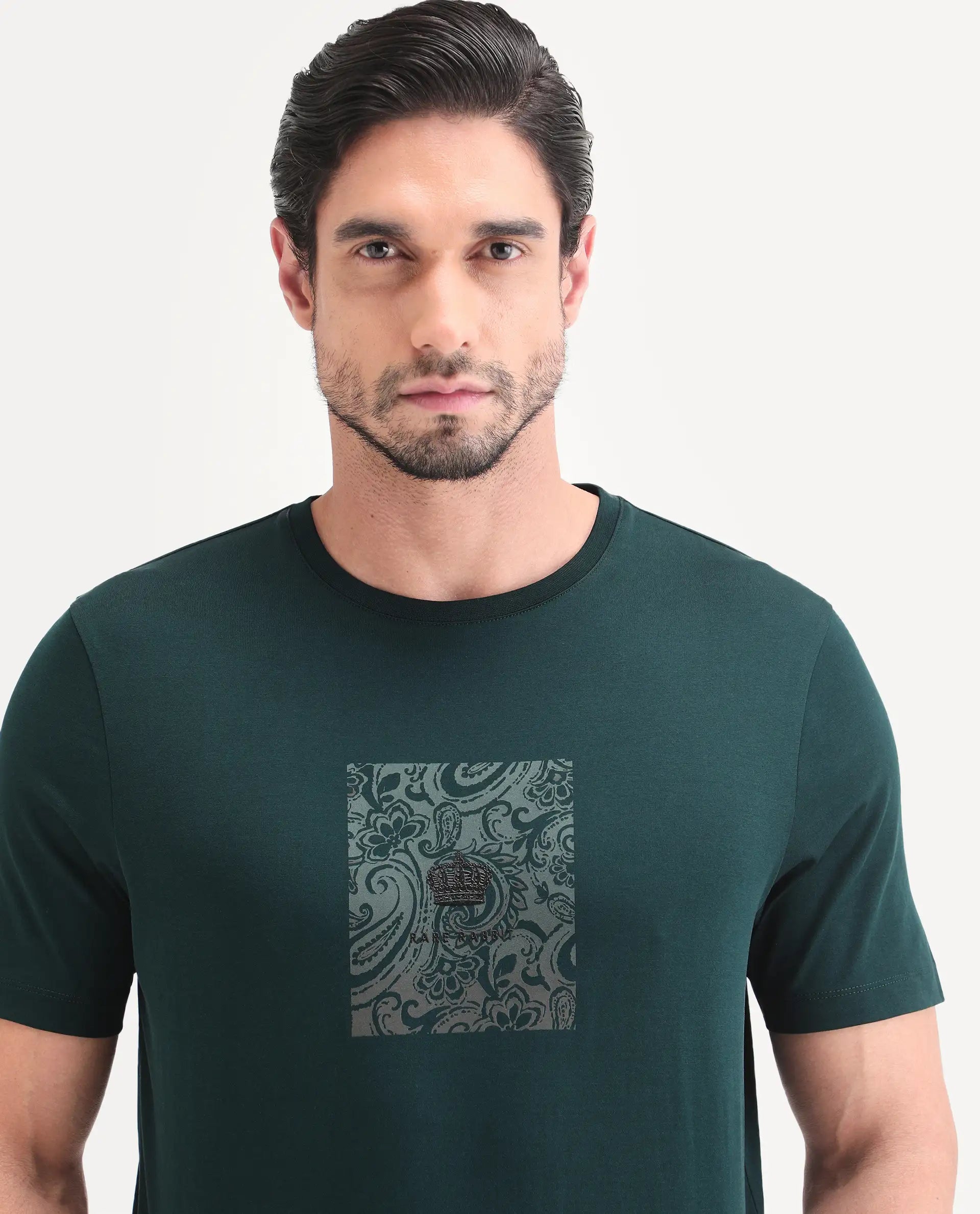 Rare Rabbit Men's Fiol Dark Green Cotton Fabric Half Sleeve Crew Neck Regular Fit Graphic Print T-Shirt