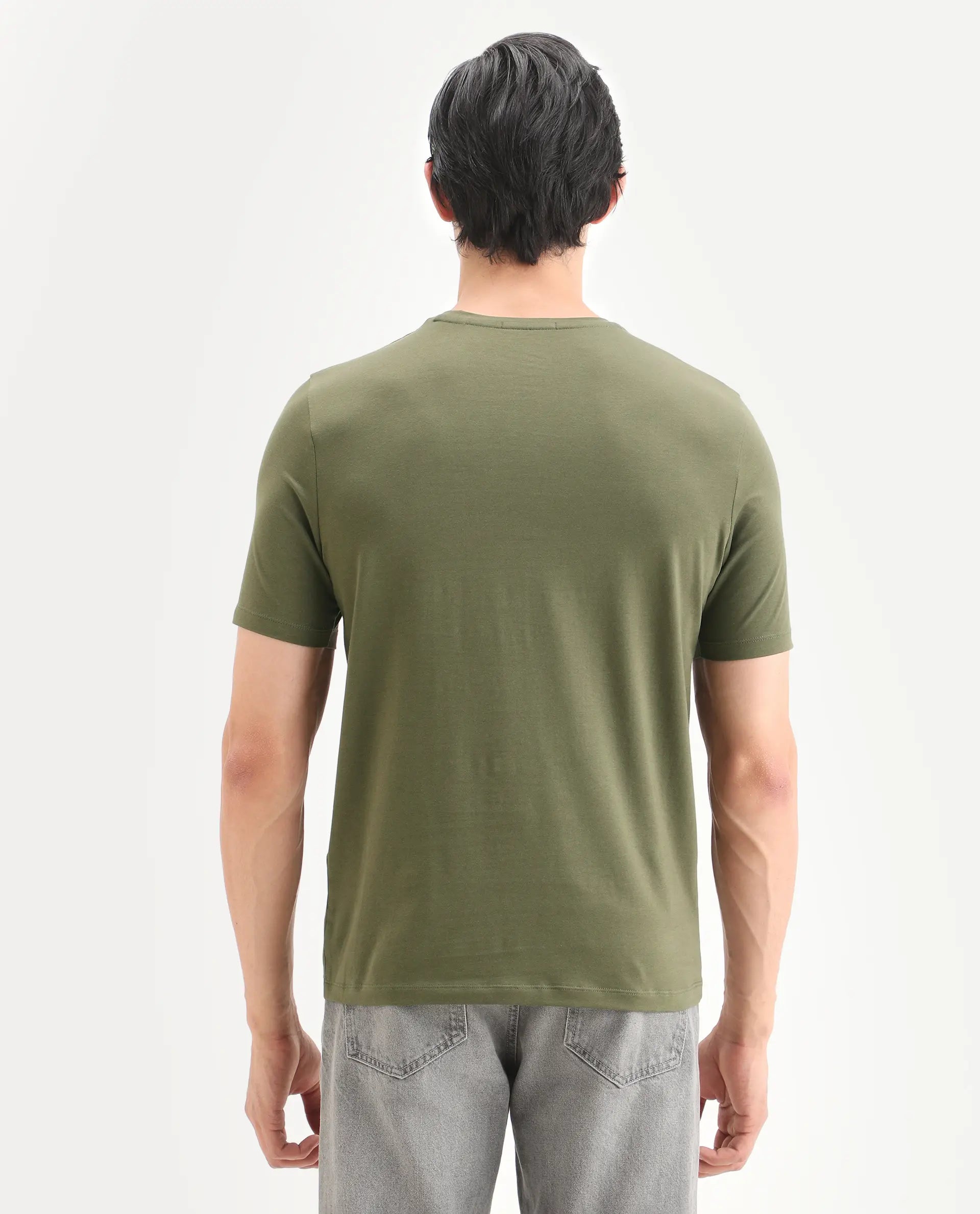 Rare Rabbit Men's Fle Olive Cotton Blend Fabric Half Sleeve Crew Neck Regular Fit Graphic Print T-Shirt