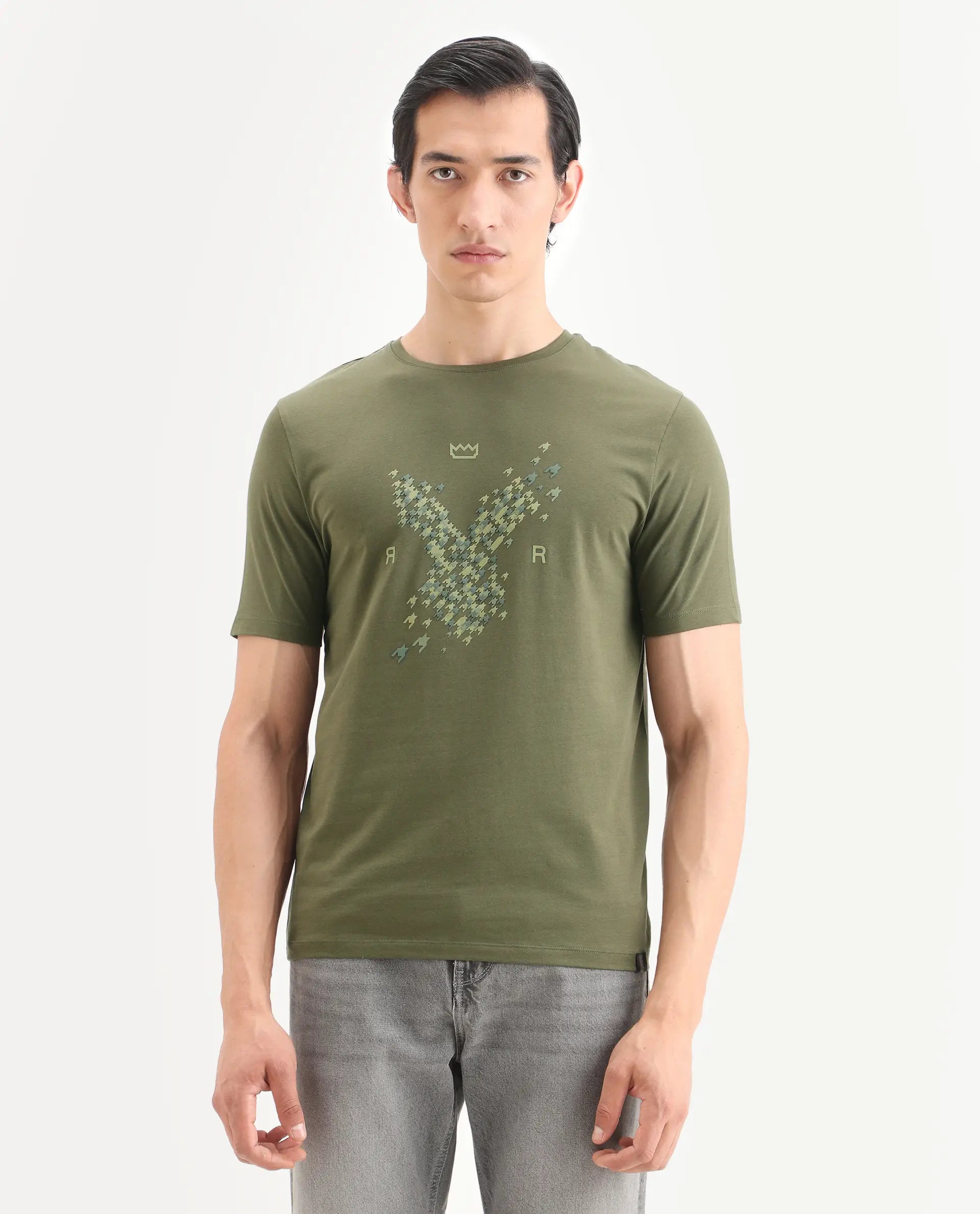 Rare Rabbit Men's Fle Olive Cotton Blend Fabric Half Sleeve Crew Neck Regular Fit Graphic Print T-Shirt