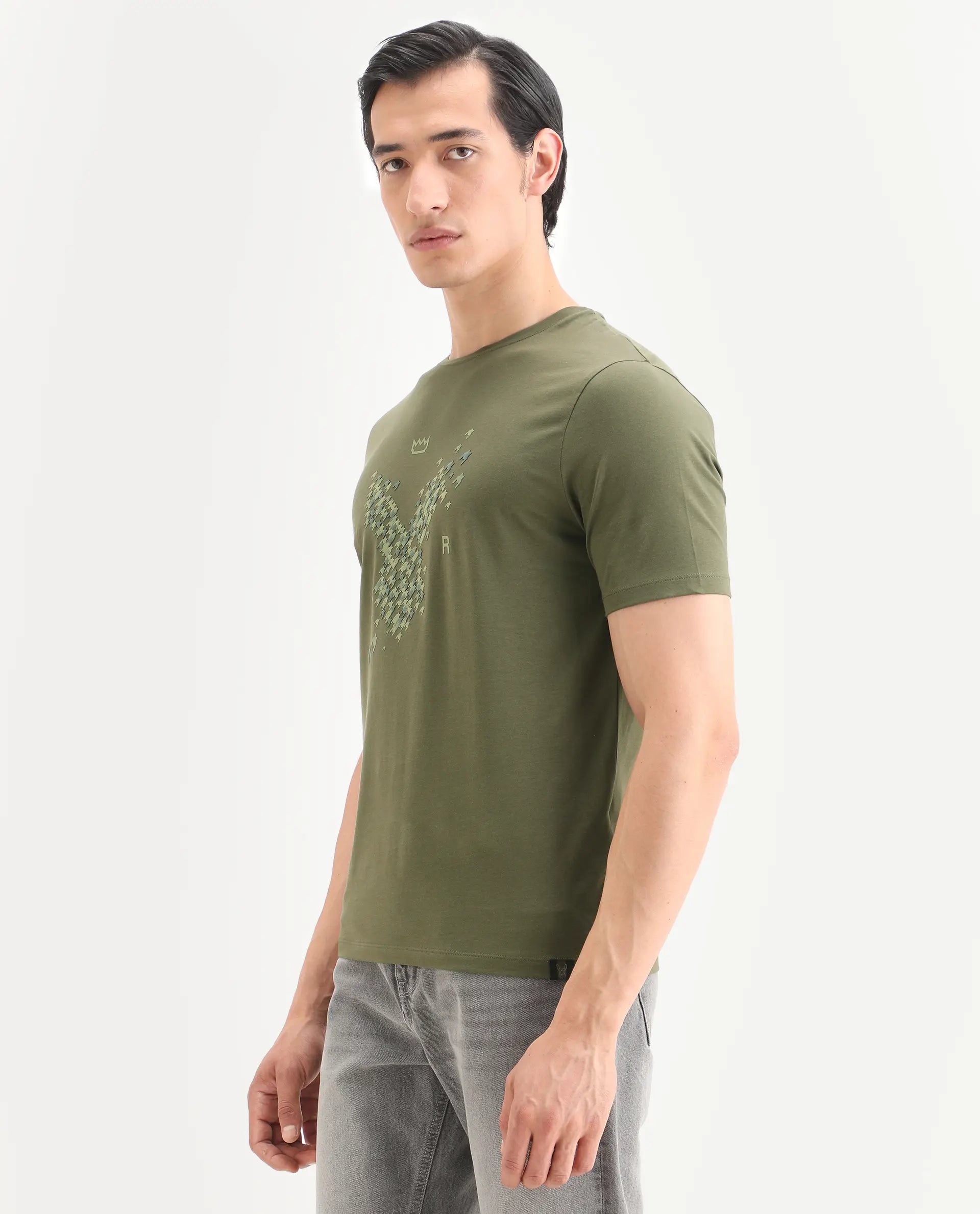 Rare Rabbit Men's Fle Olive Cotton Blend Fabric Half Sleeve Crew Neck Regular Fit Graphic Print T-Shirt