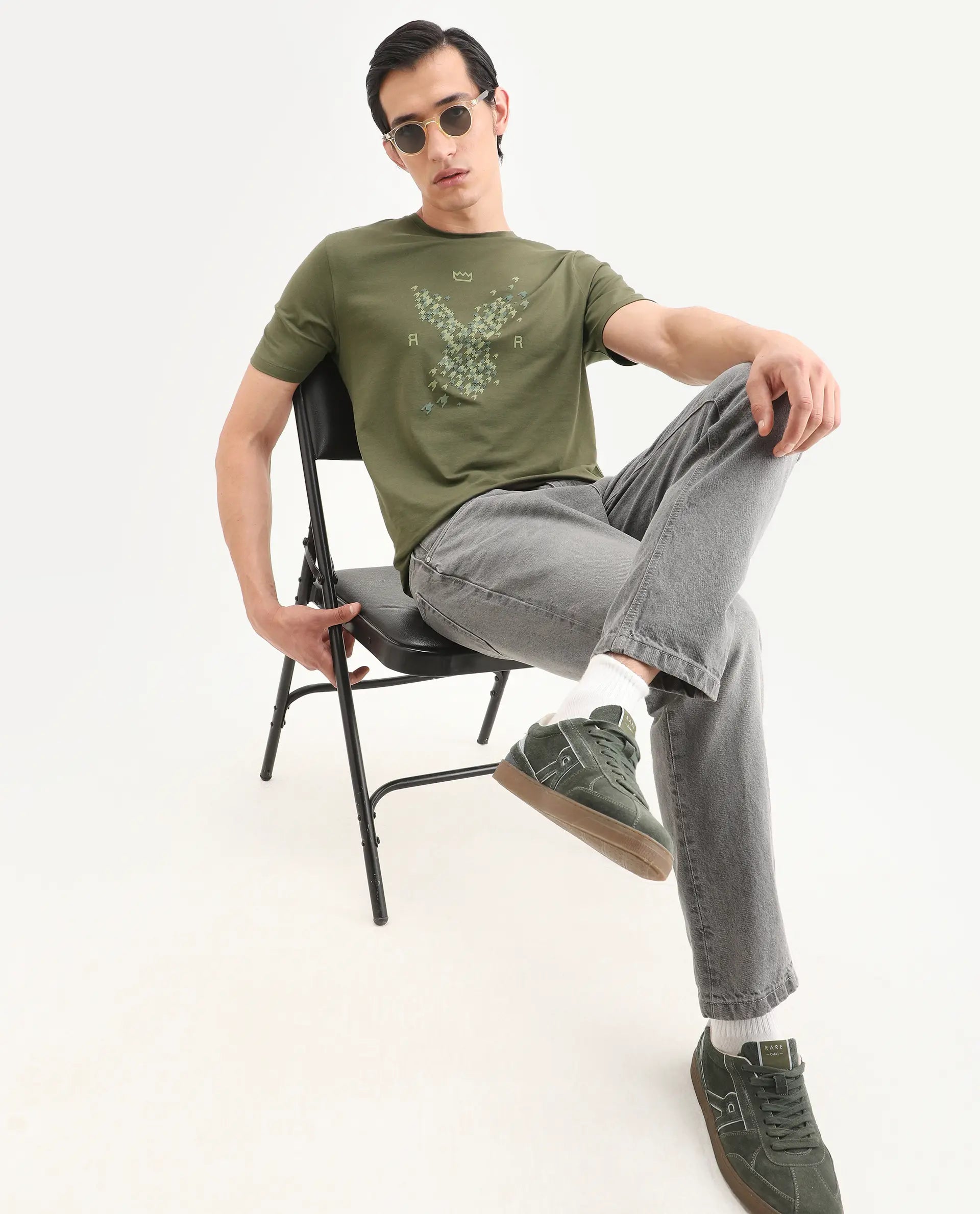 Rare Rabbit Men's Fle Olive Cotton Blend Fabric Half Sleeve Crew Neck Regular Fit Graphic Print T-Shirt