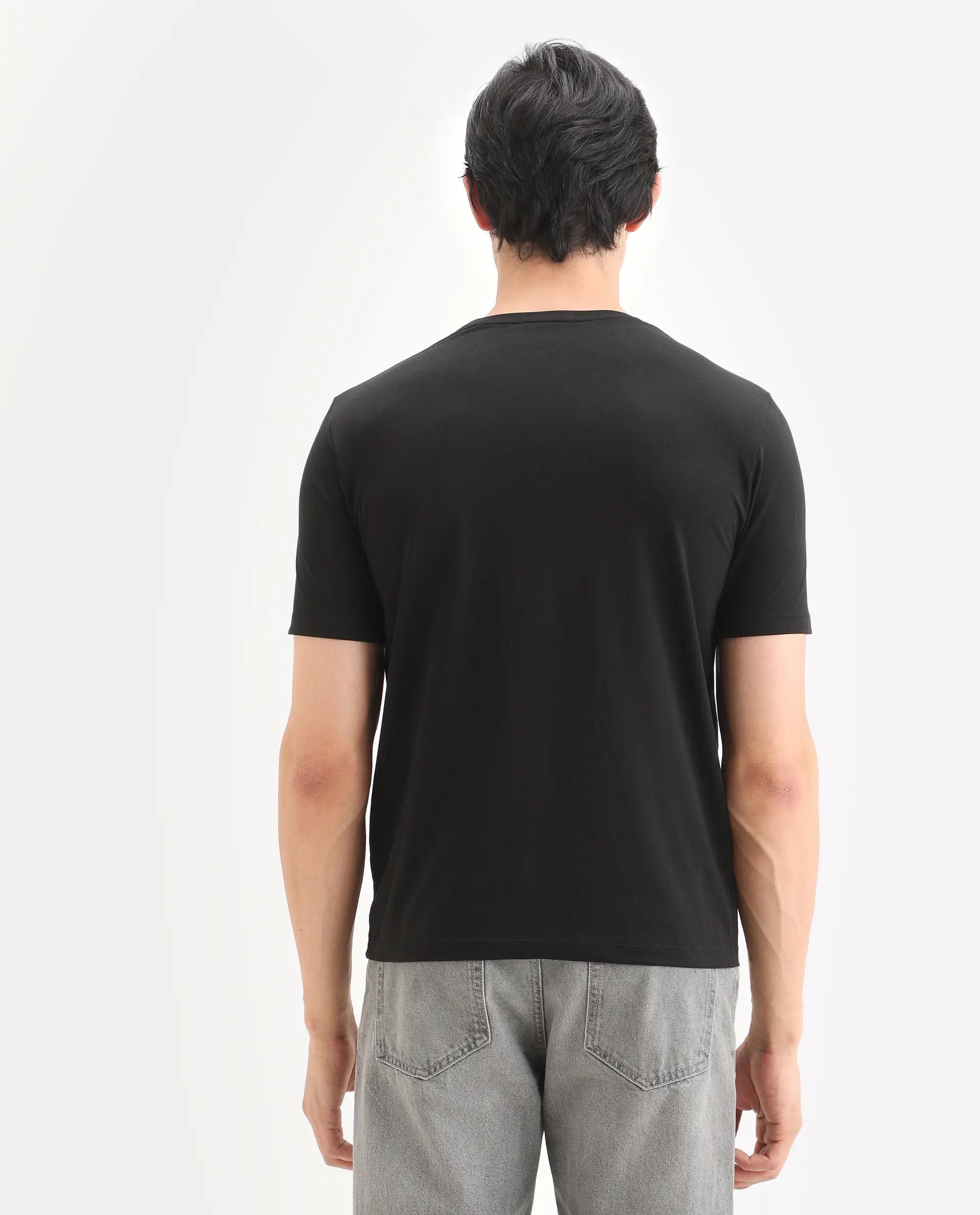 Rare Rabbit Men's Frea Black Cotton Blend Fabric Half Sleeve Crew Neck Regular Fit Plain T-Shirt