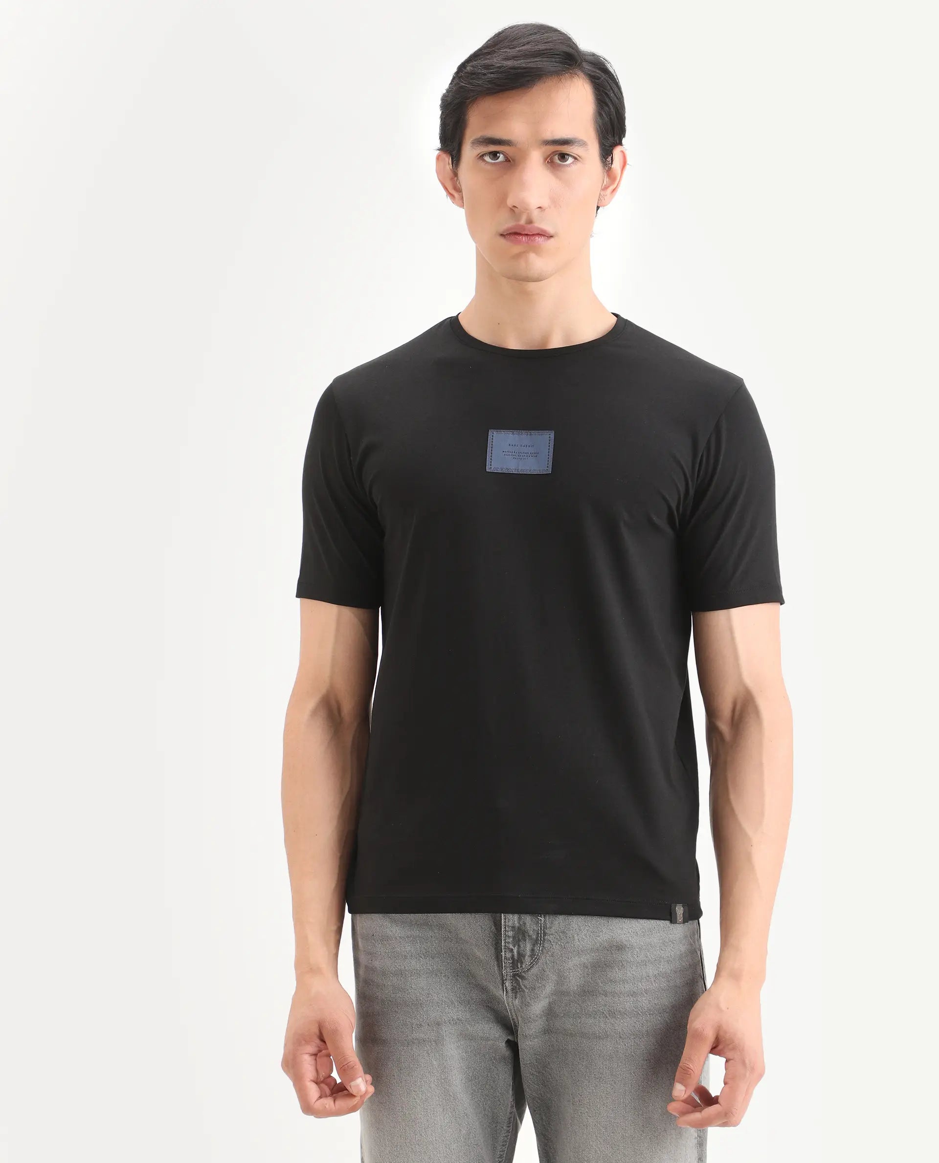Rare Rabbit Men's Frea Black Cotton Blend Fabric Half Sleeve Crew Neck Regular Fit Plain T-Shirt