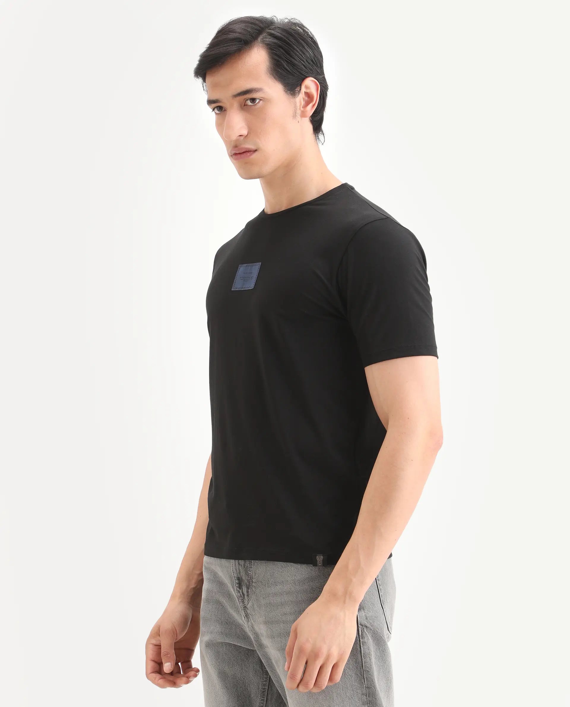 Rare Rabbit Men's Frea Black Cotton Blend Fabric Half Sleeve Crew Neck Regular Fit Plain T-Shirt