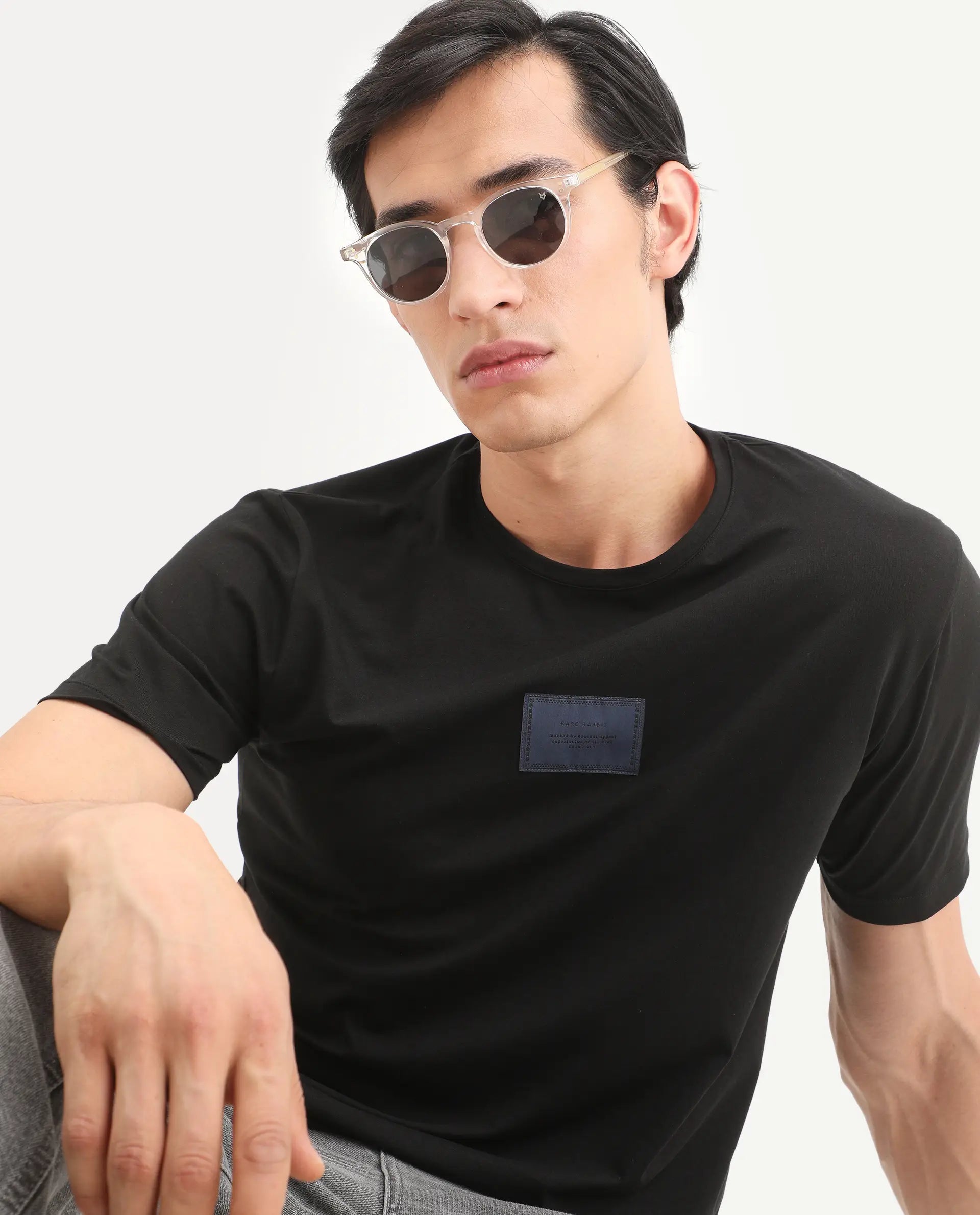 Rare Rabbit Men's Frea Black Cotton Blend Fabric Half Sleeve Crew Neck Regular Fit Plain T-Shirt
