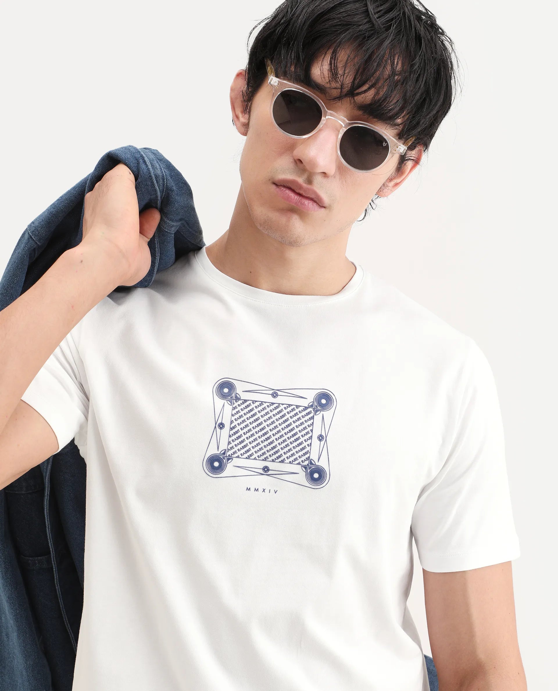 Rare Rabbit Men's Grap White Cotton Blend Fabric Half Sleeve Crew Neck Regular Fit Graphic Print T-Shirt