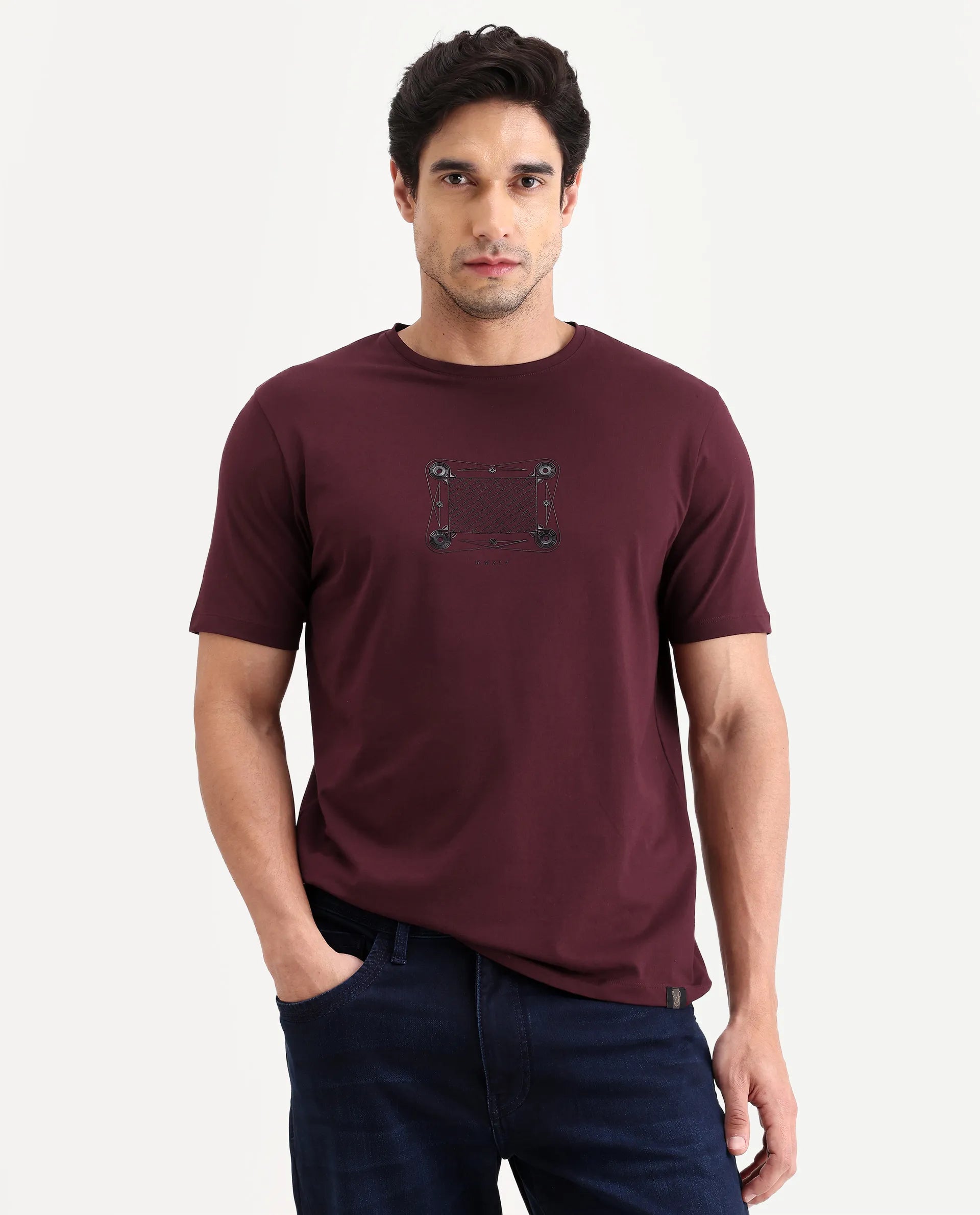 Rare Rabbit Men's Grap Maroon Cotton Blend Fabric Half Sleeve Crew Neck Regular Fit Graphic Print T-Shirt