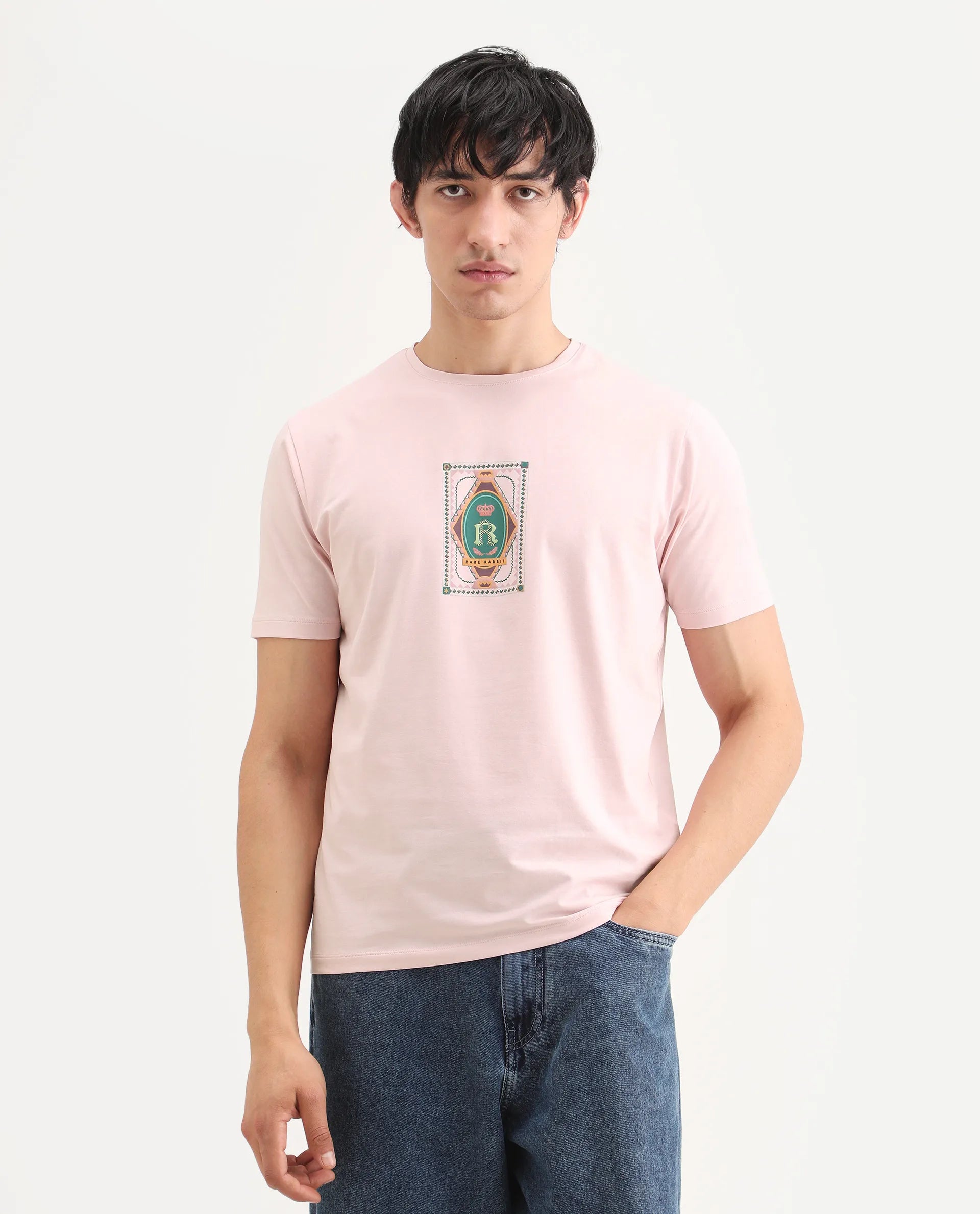 Rare Rabbit Men's Grit Light Pink Cotton Blend Fabric Half Sleeve Crew Neck Regular Fit Graphic Print T-Shirt