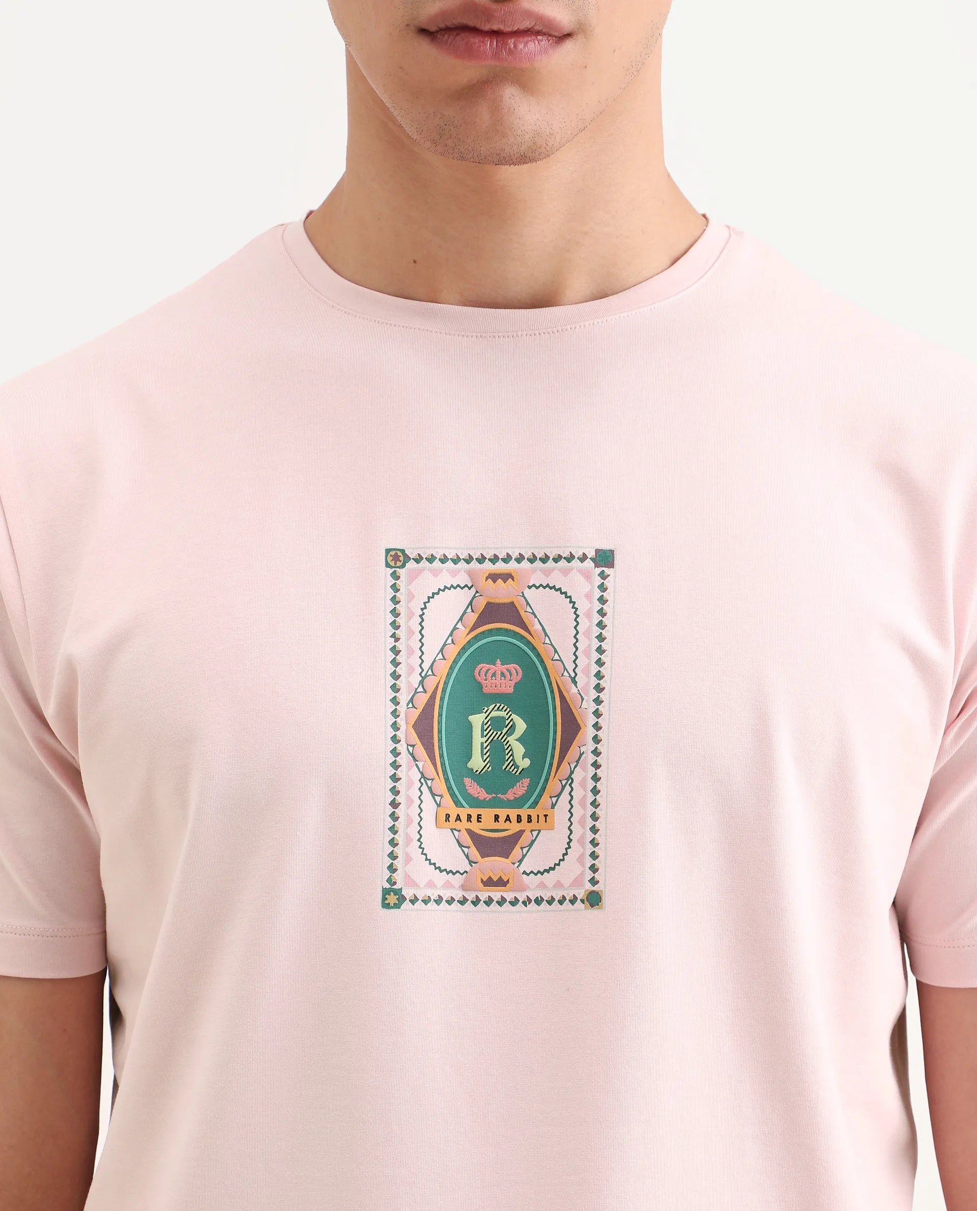 Rare Rabbit Men's Grit Light Pink Cotton Blend Fabric Half Sleeve Crew Neck Regular Fit Graphic Print T-Shirt