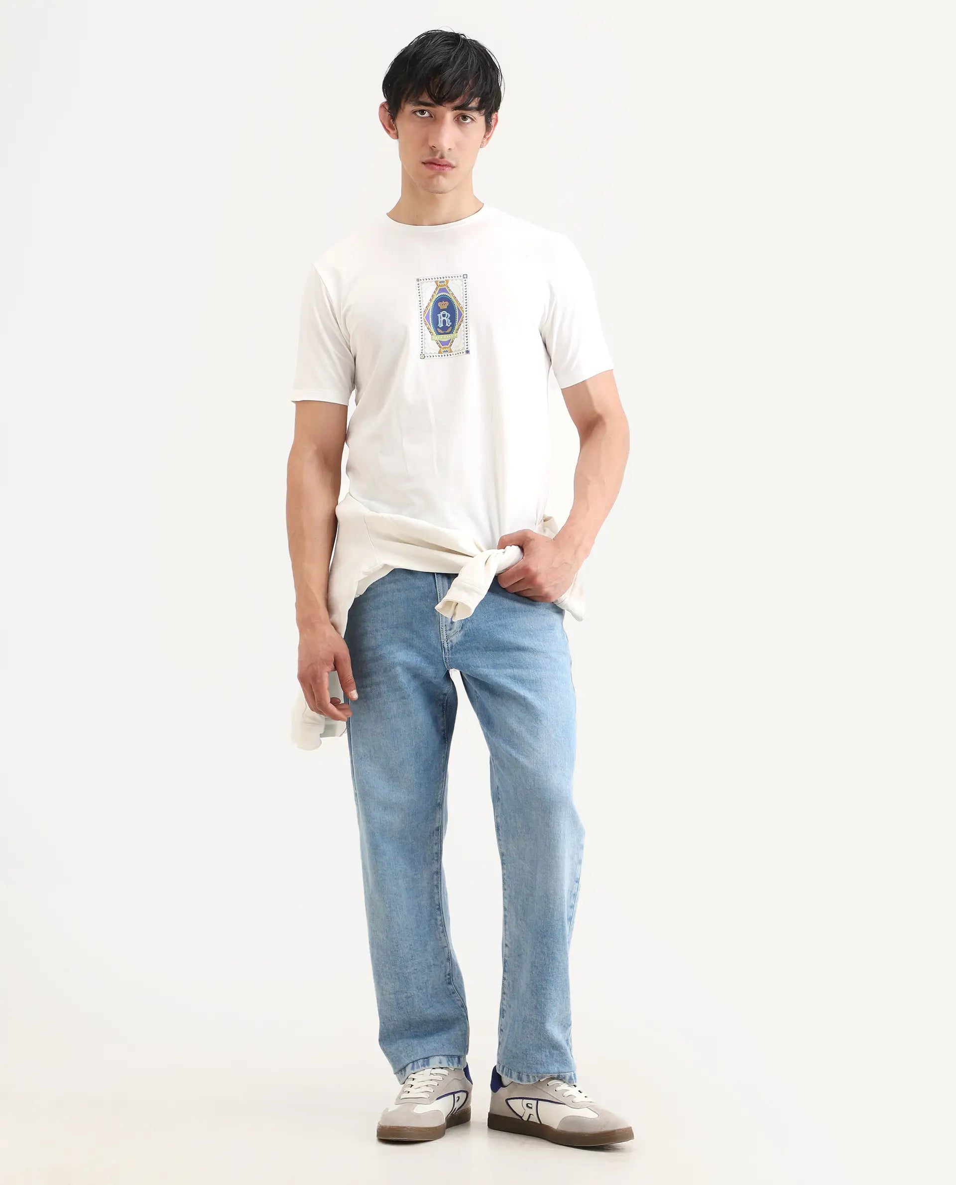 Rare Rabbit Men's Grit Off White Cotton Blend Fabric Half Sleeve Crew Neck Regular Fit Graphic Print T-Shirt