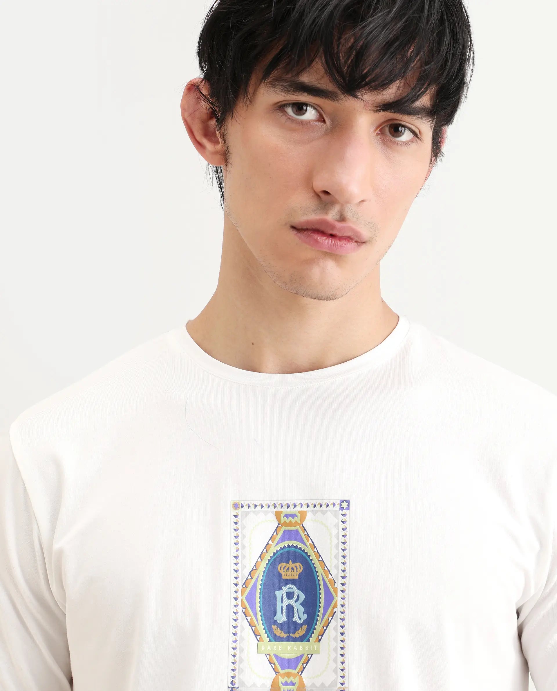 Rare Rabbit Men's Grit Off White Cotton Blend Fabric Half Sleeve Crew Neck Regular Fit Graphic Print T-Shirt