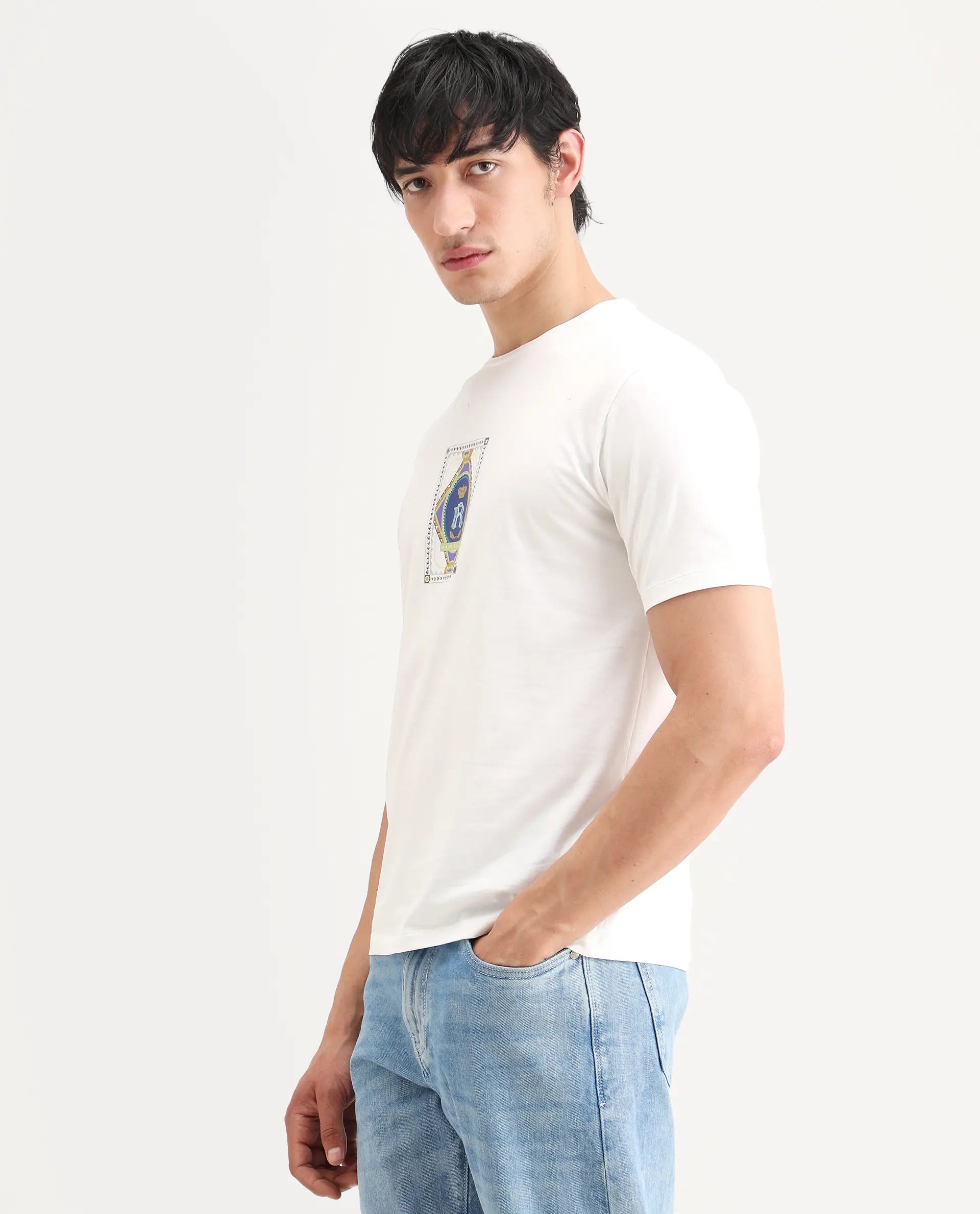 Rare Rabbit Men's Grit Off White Cotton Blend Fabric Half Sleeve Crew Neck Regular Fit Graphic Print T-Shirt