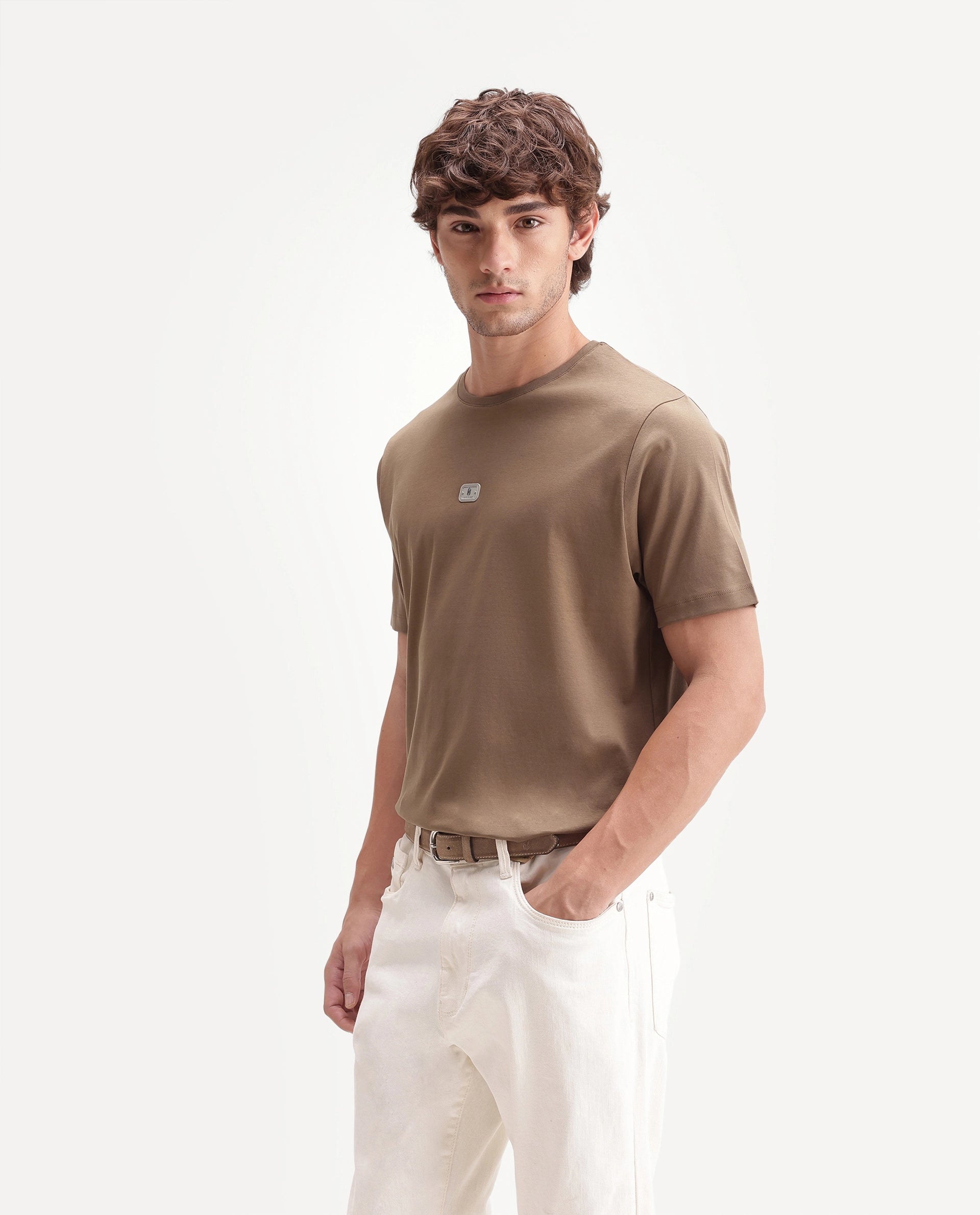 Rare Rabbit Men's Hill Beige Cotton Fabric Half Sleeve Crew Neck Regular Fit Plain T-Shirt
