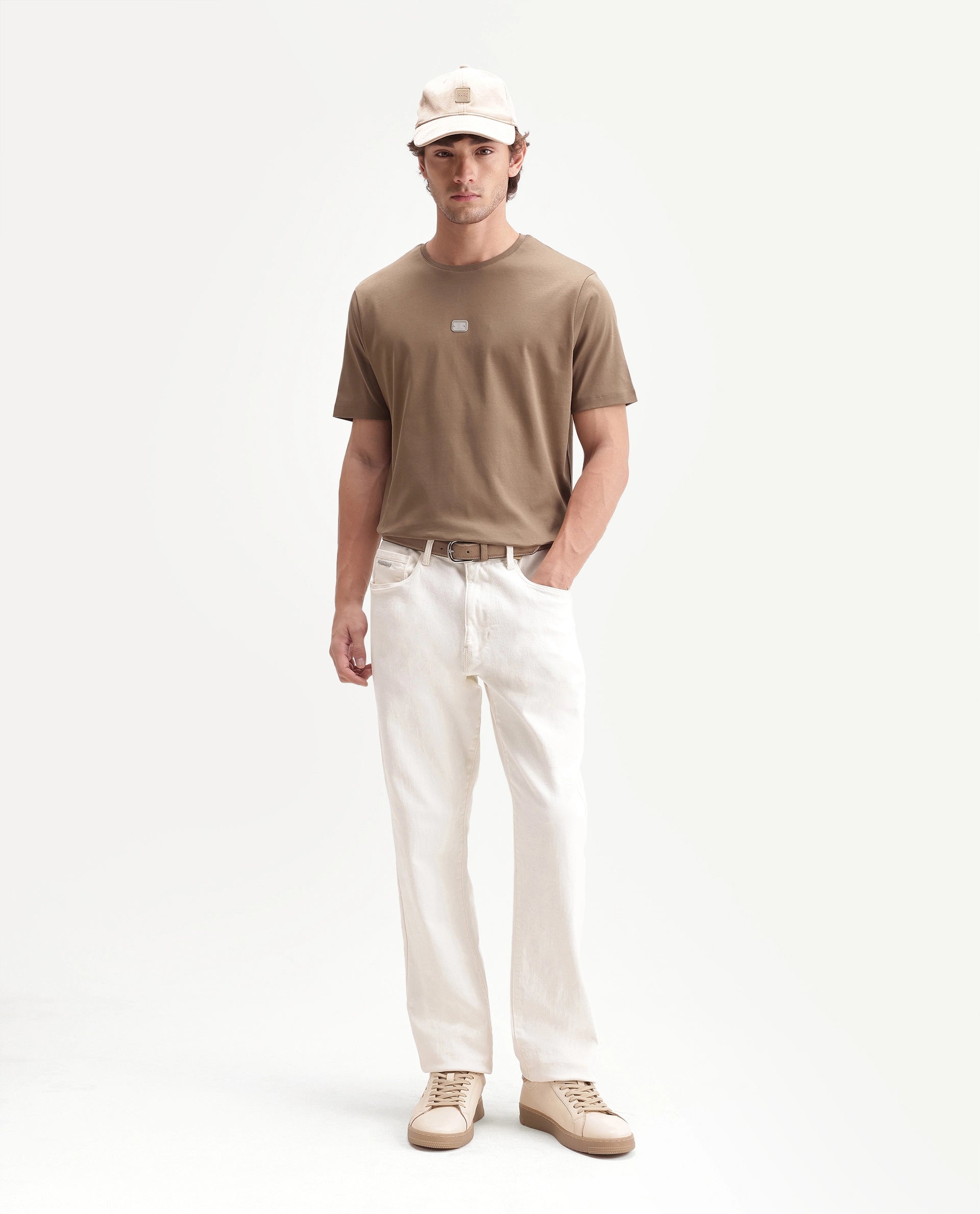 Rare Rabbit Men's Hill Beige Cotton Fabric Half Sleeve Crew Neck Regular Fit Plain T-Shirt