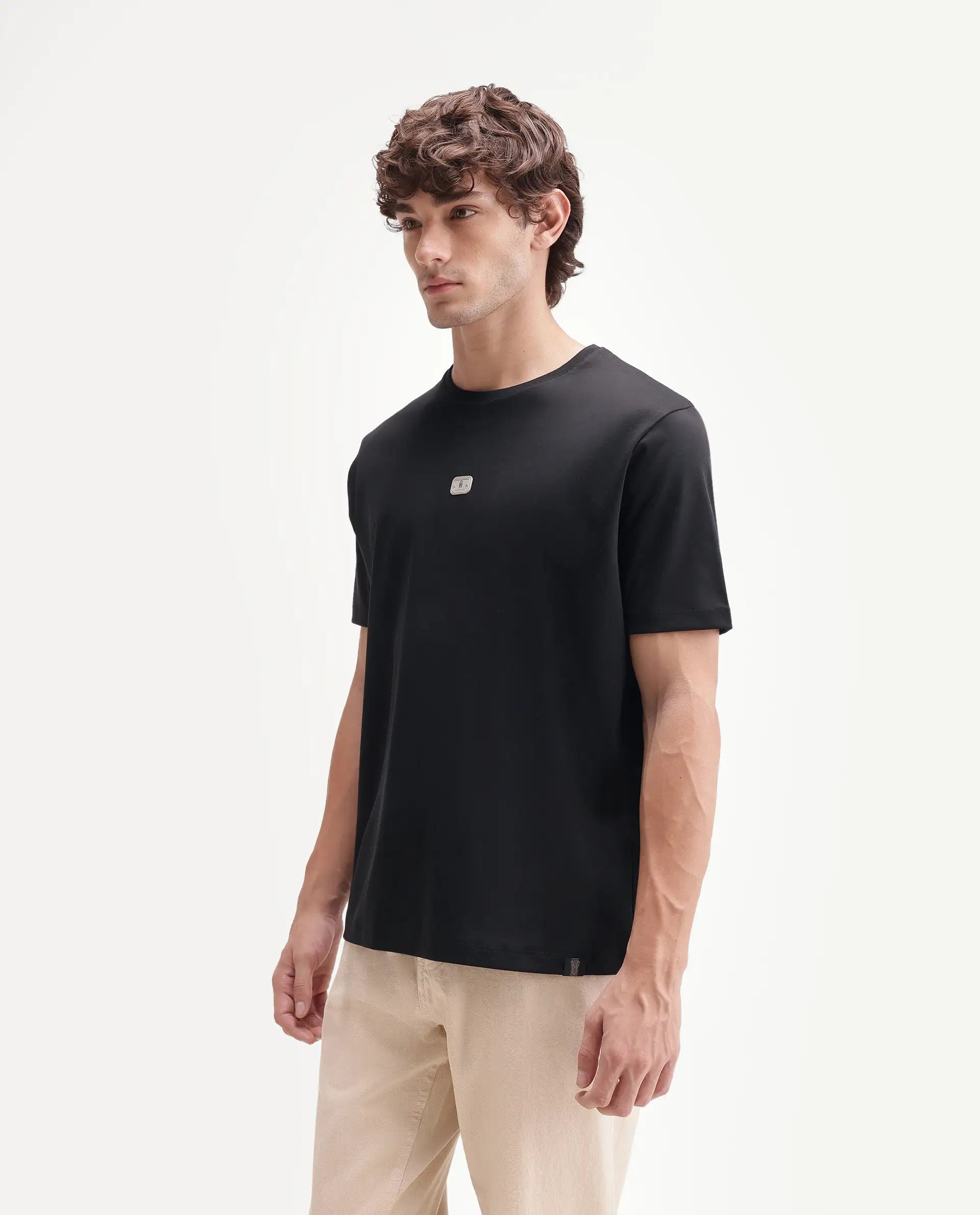 Rare Rabbit Men's Hill Black Cotton Fabric Half Sleeve Crew Neck Regular Fit Plain T-Shirt