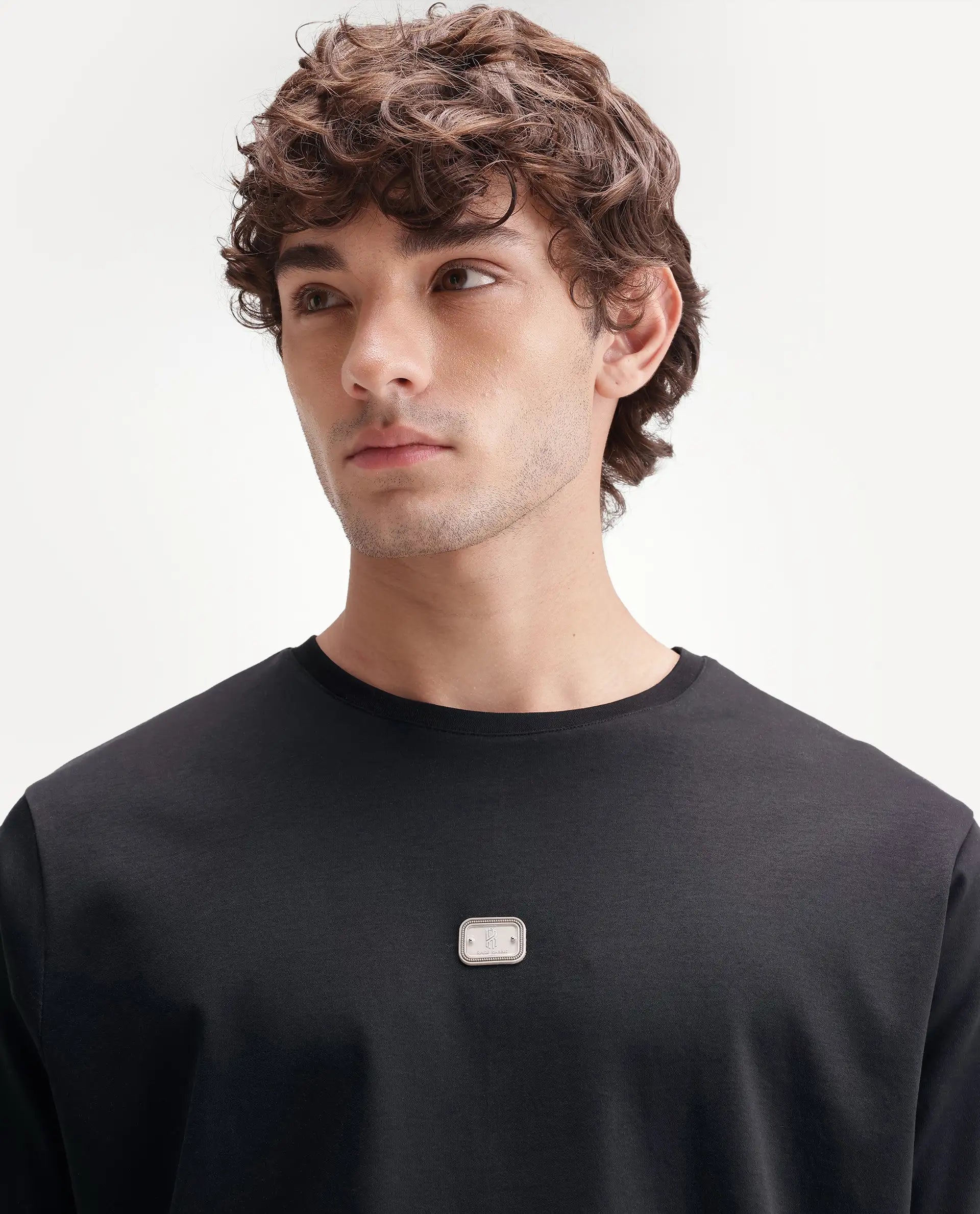 Rare Rabbit Men's Hill Black Cotton Fabric Half Sleeve Crew Neck Regular Fit Plain T-Shirt