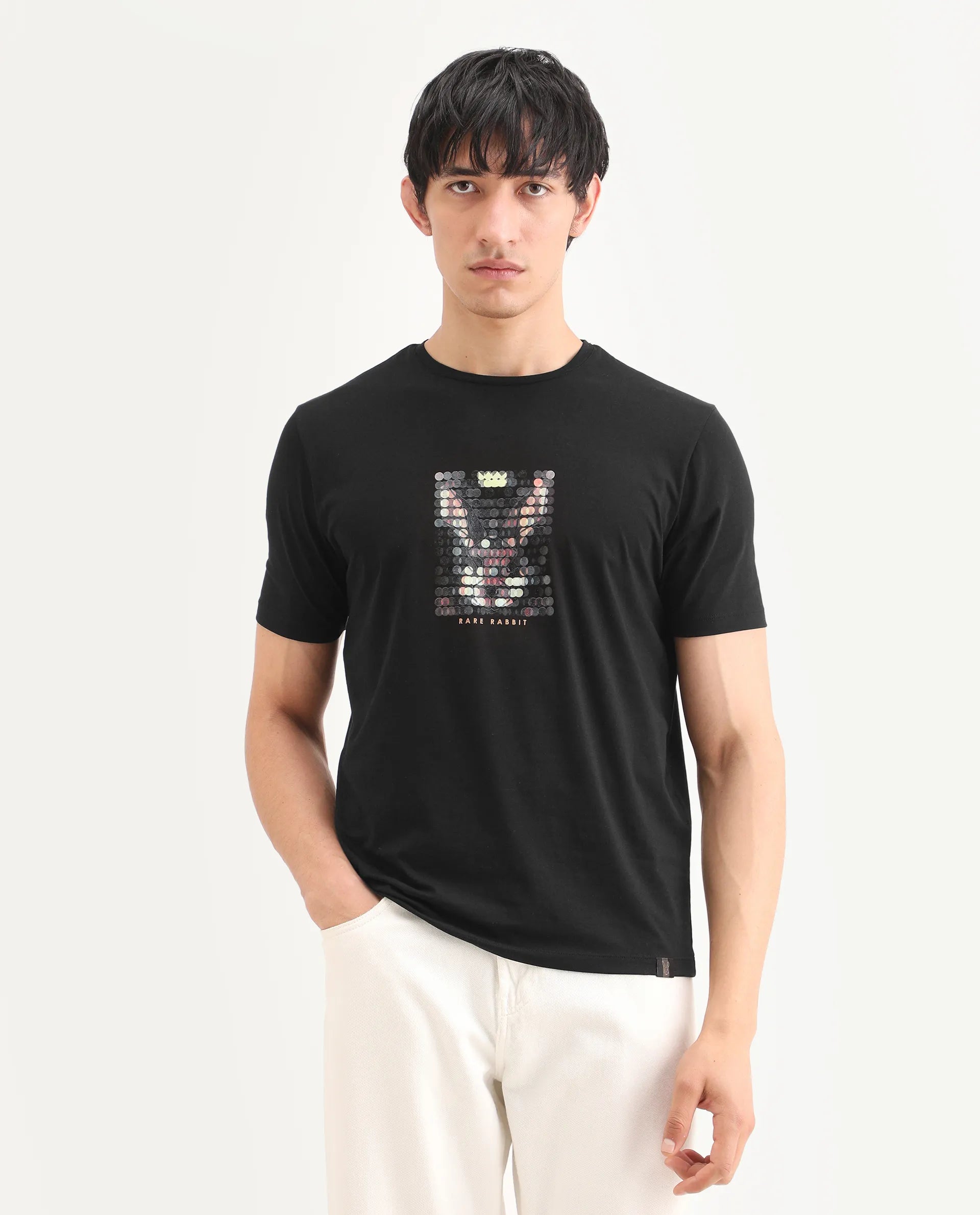 Rare Rabbit Men's Icy Black Cotton Blend Fabric Half Sleeve Crew Neck Regular Fit Graphic Print T-Shirt