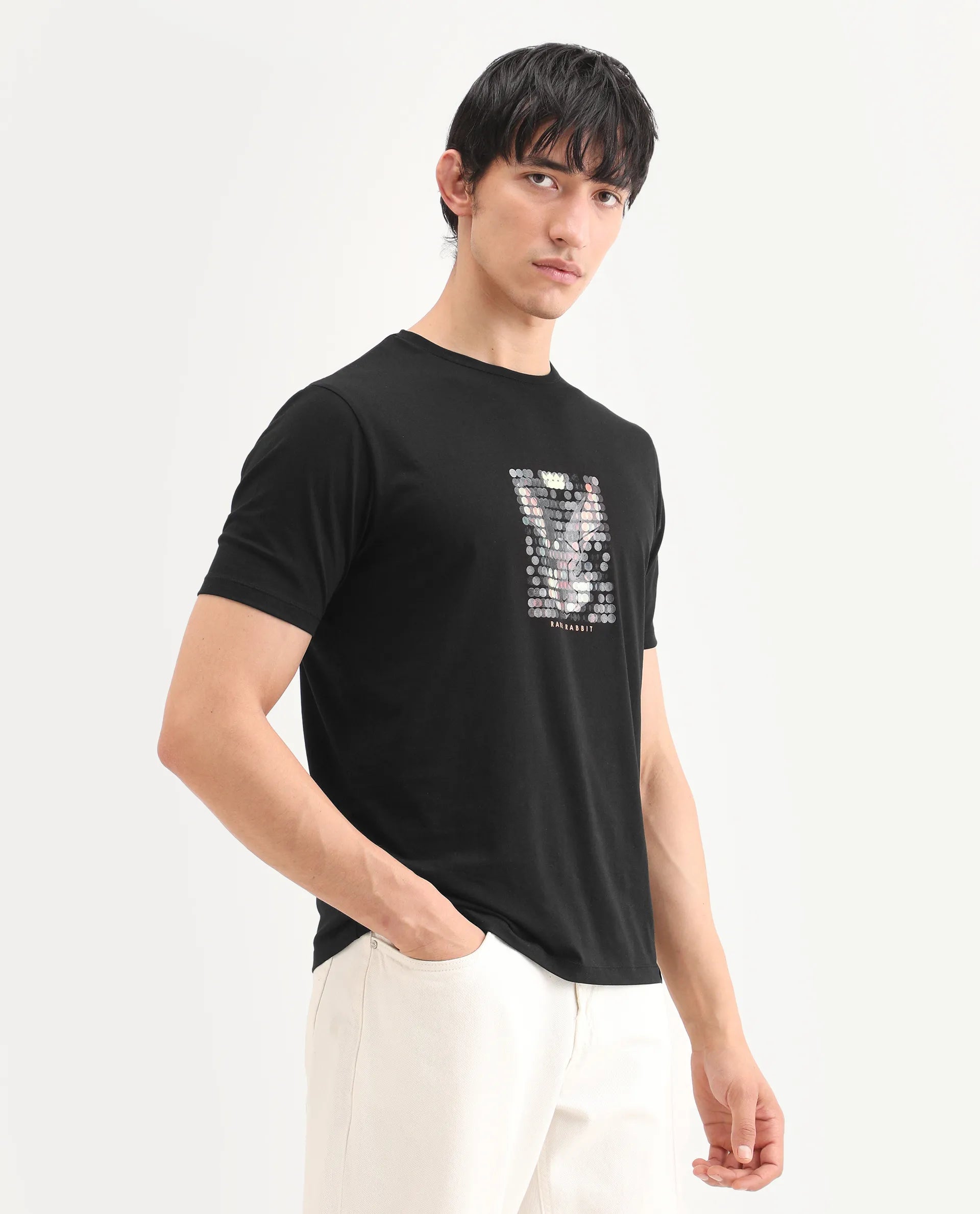 Rare Rabbit Men's Icy Black Cotton Blend Fabric Half Sleeve Crew Neck Regular Fit Graphic Print T-Shirt