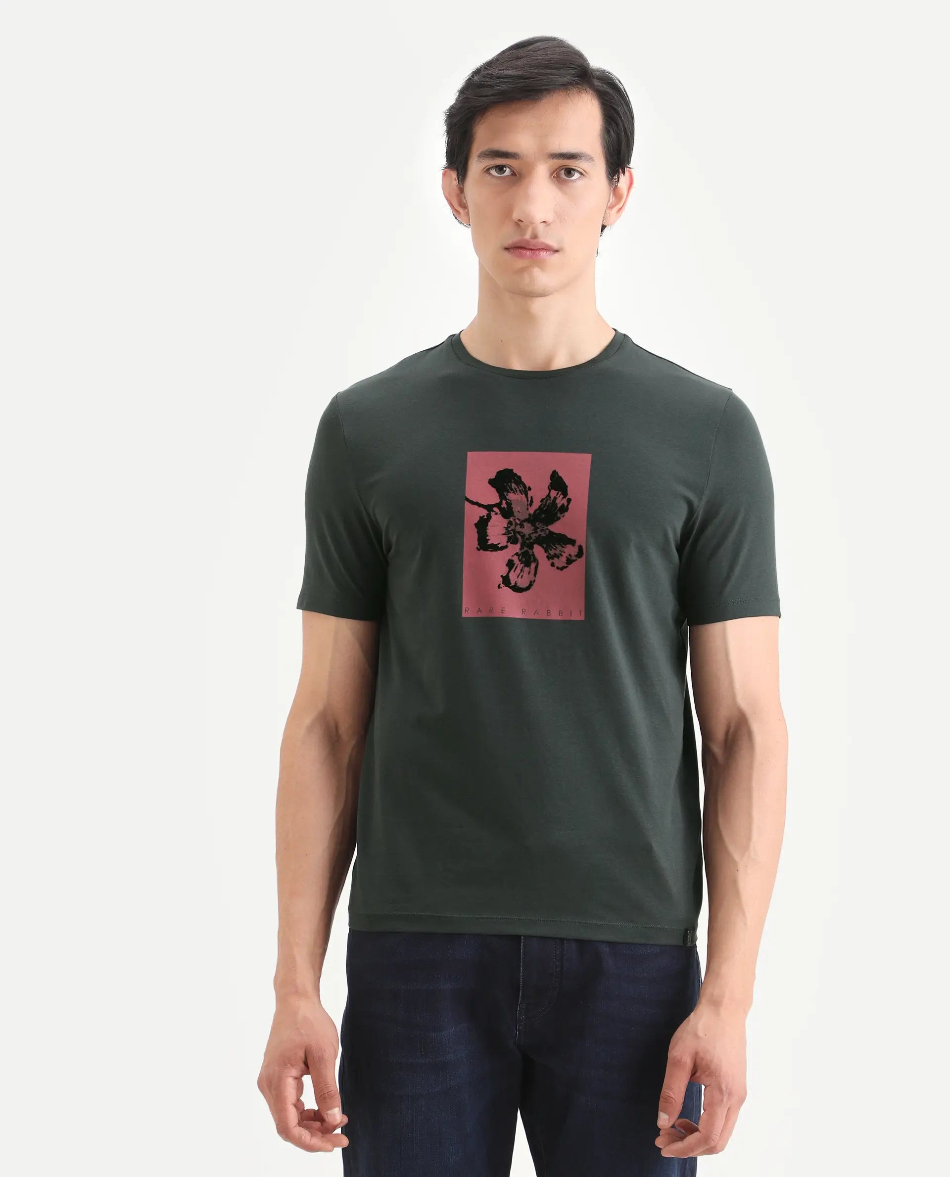 Rare Rabbit Men's Ingi Dark Grey Cotton Blend Fabric Half Sleeve Crew Neck Regular Fit Graphic Print T-Shirt