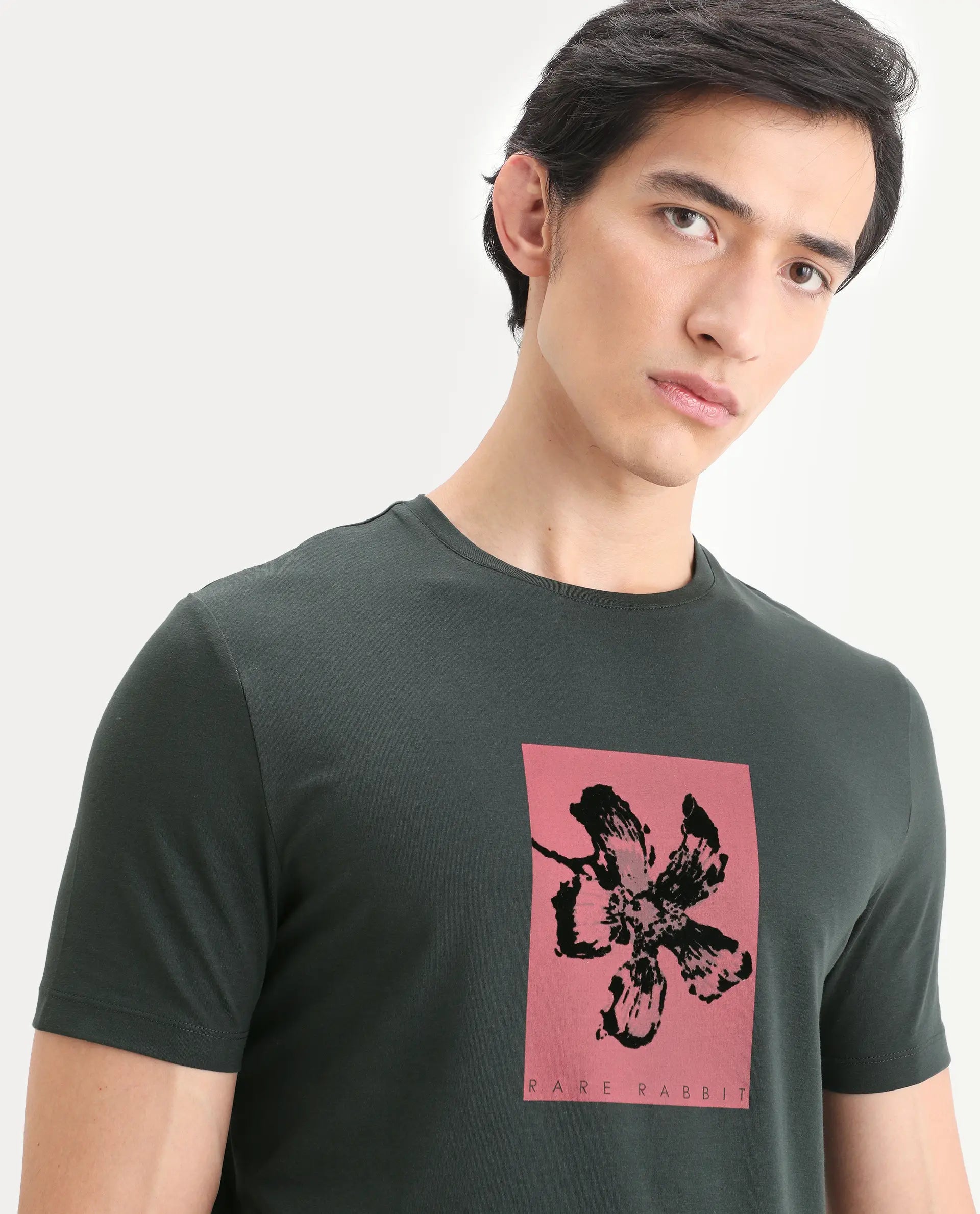 Rare Rabbit Men's Ingi Dark Grey Cotton Blend Fabric Half Sleeve Crew Neck Regular Fit Graphic Print T-Shirt